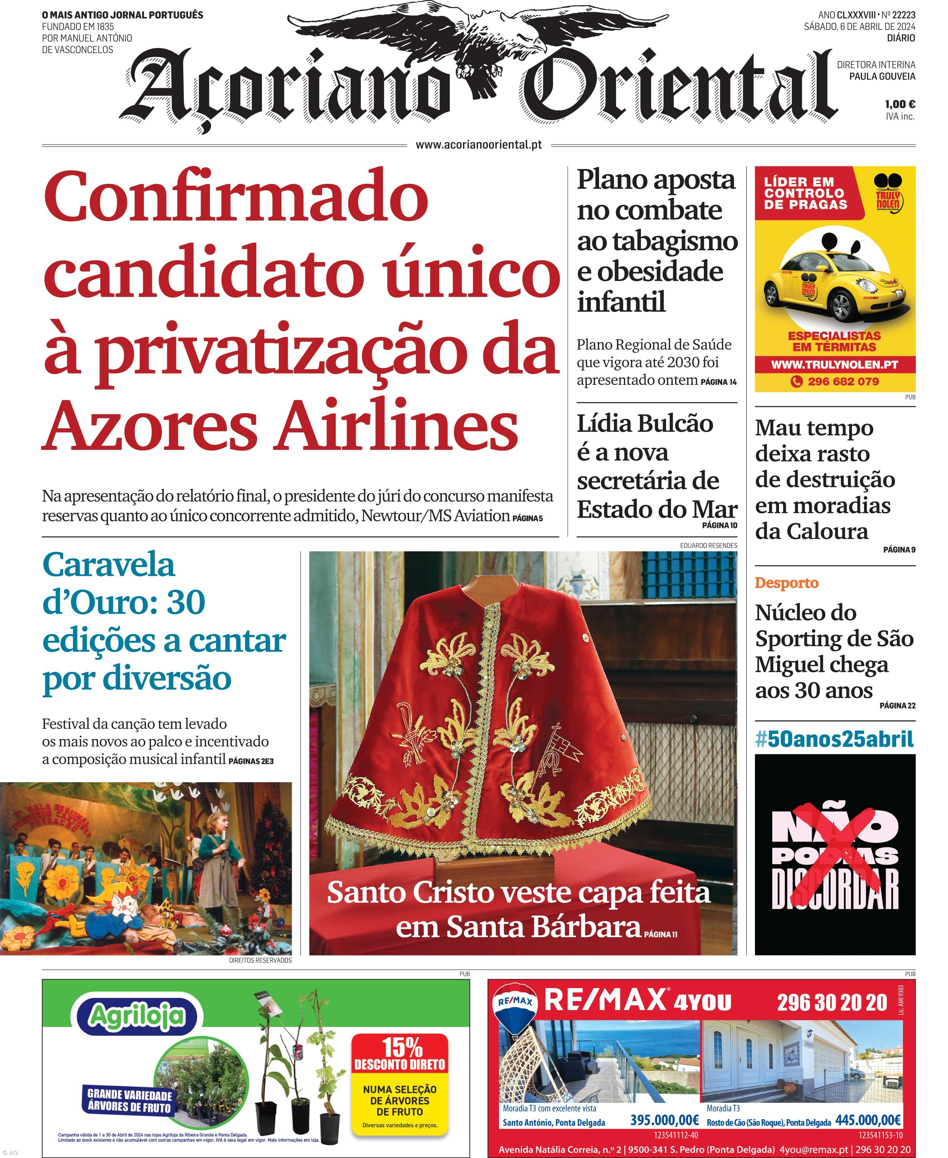 "Confirmado candidato único à privatização da Azores Airlines" é a manchete do Açoriano Oriental – Imagem 1