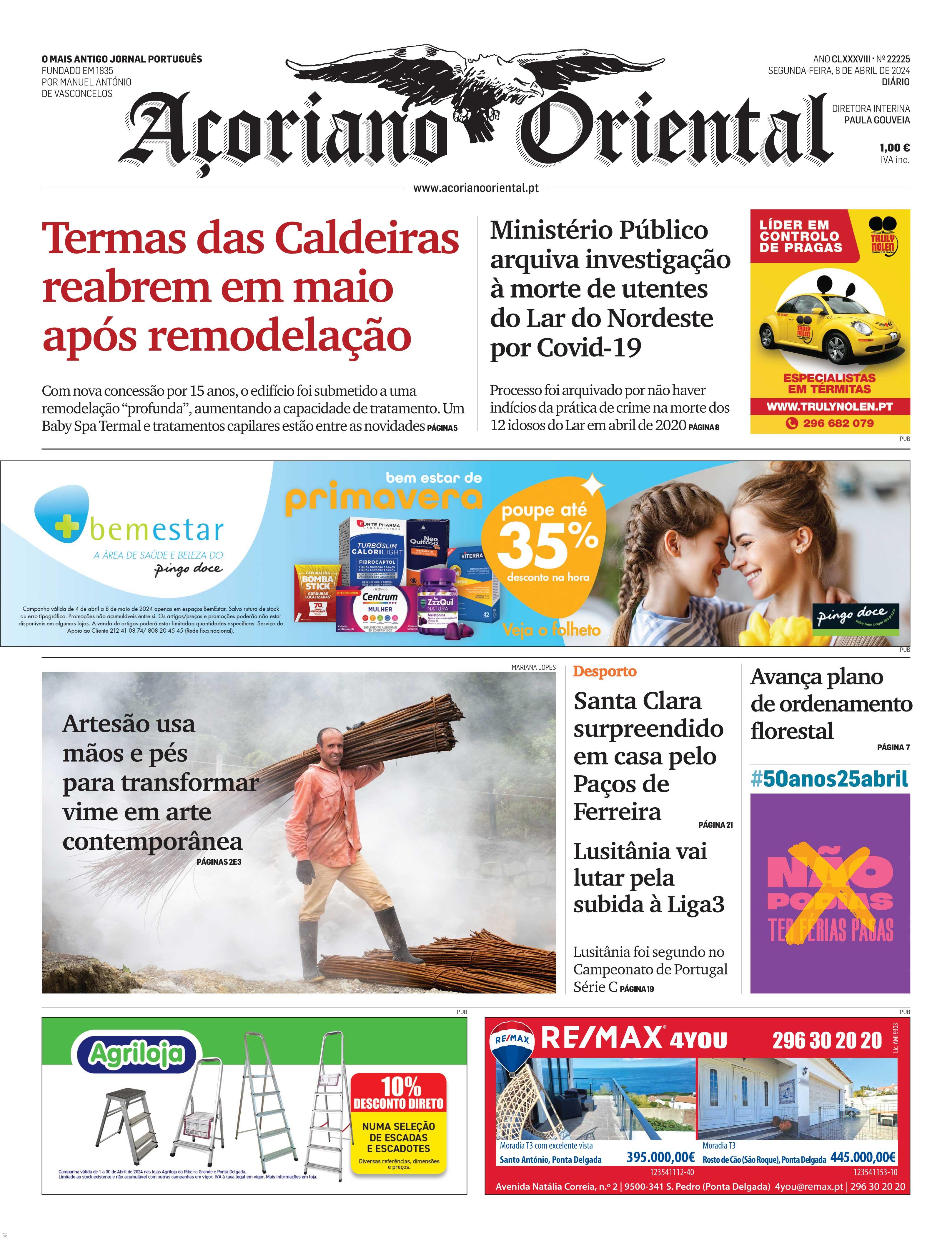 "Termas das Caldeiras reabrem em maio após remodelação" é a manchete do Açoriano Oriental – Imagem 1