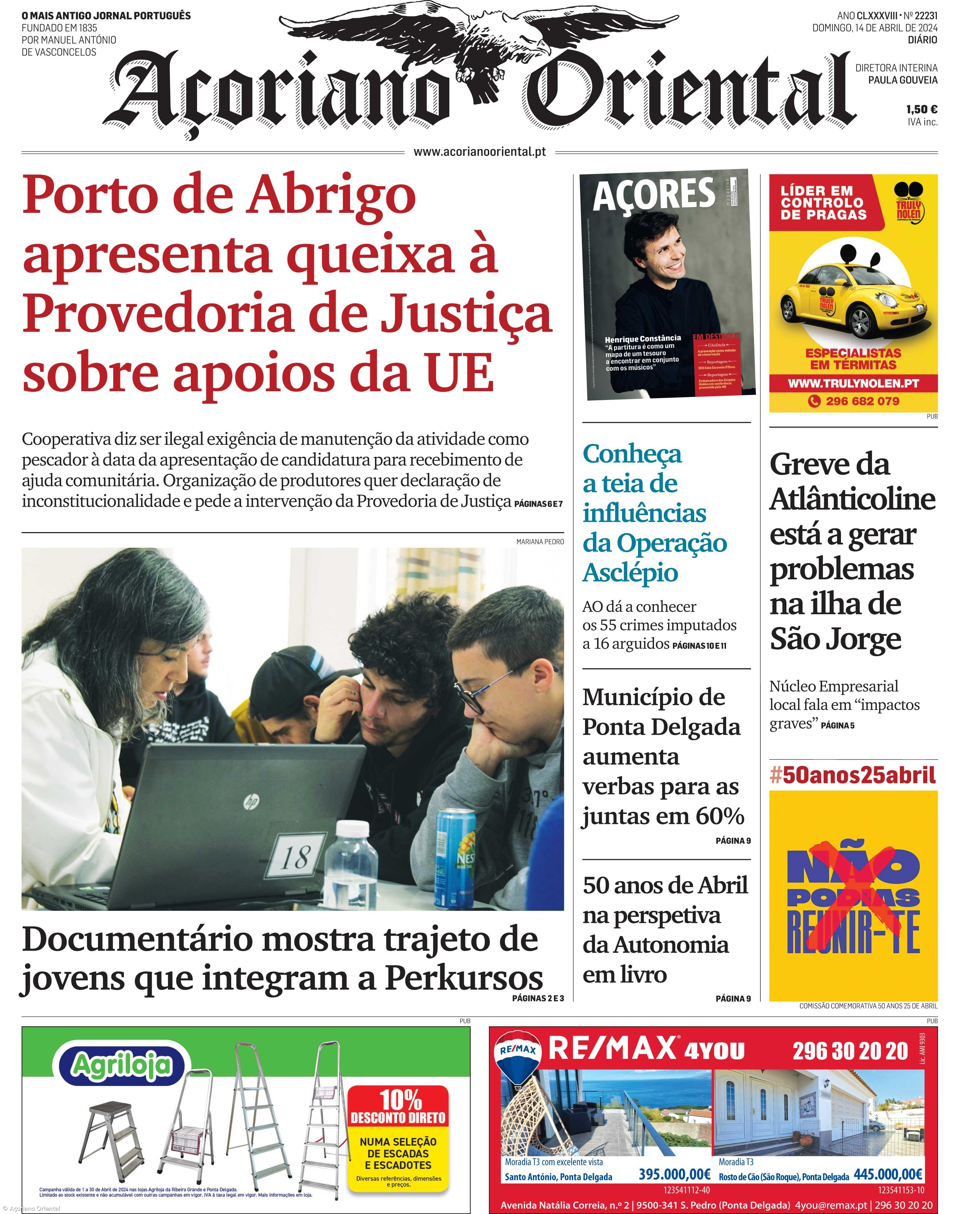 "Porto de Abrigo apresenta queixa à Provedoria de Justiça sobre apoios da UE" é a manchete do Açoriano Oriental – Imagem 1