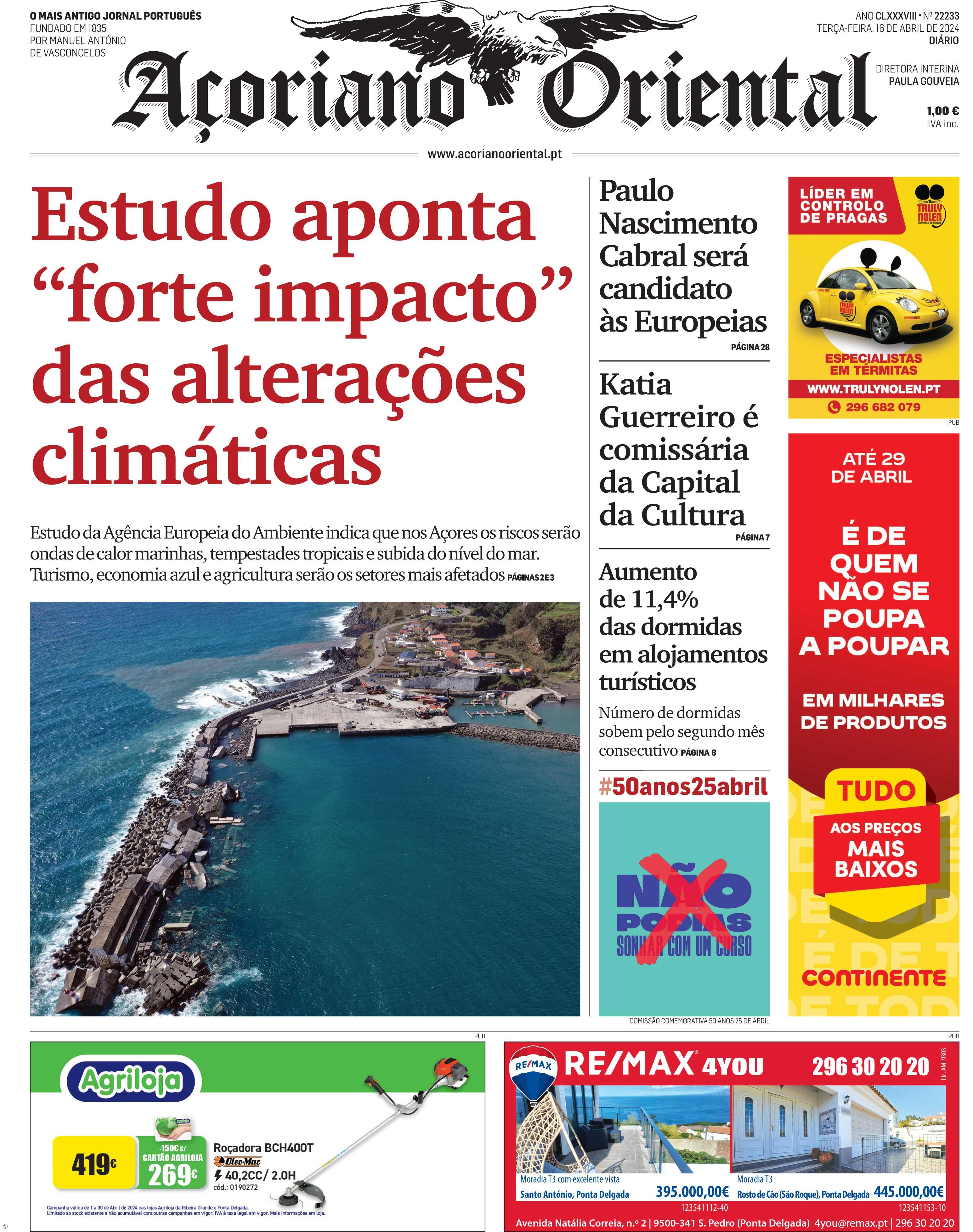"Estudo aponta 'forte impacto' das alterações climáticas" é a manchete do Açoriano Oriental – Imagem 1