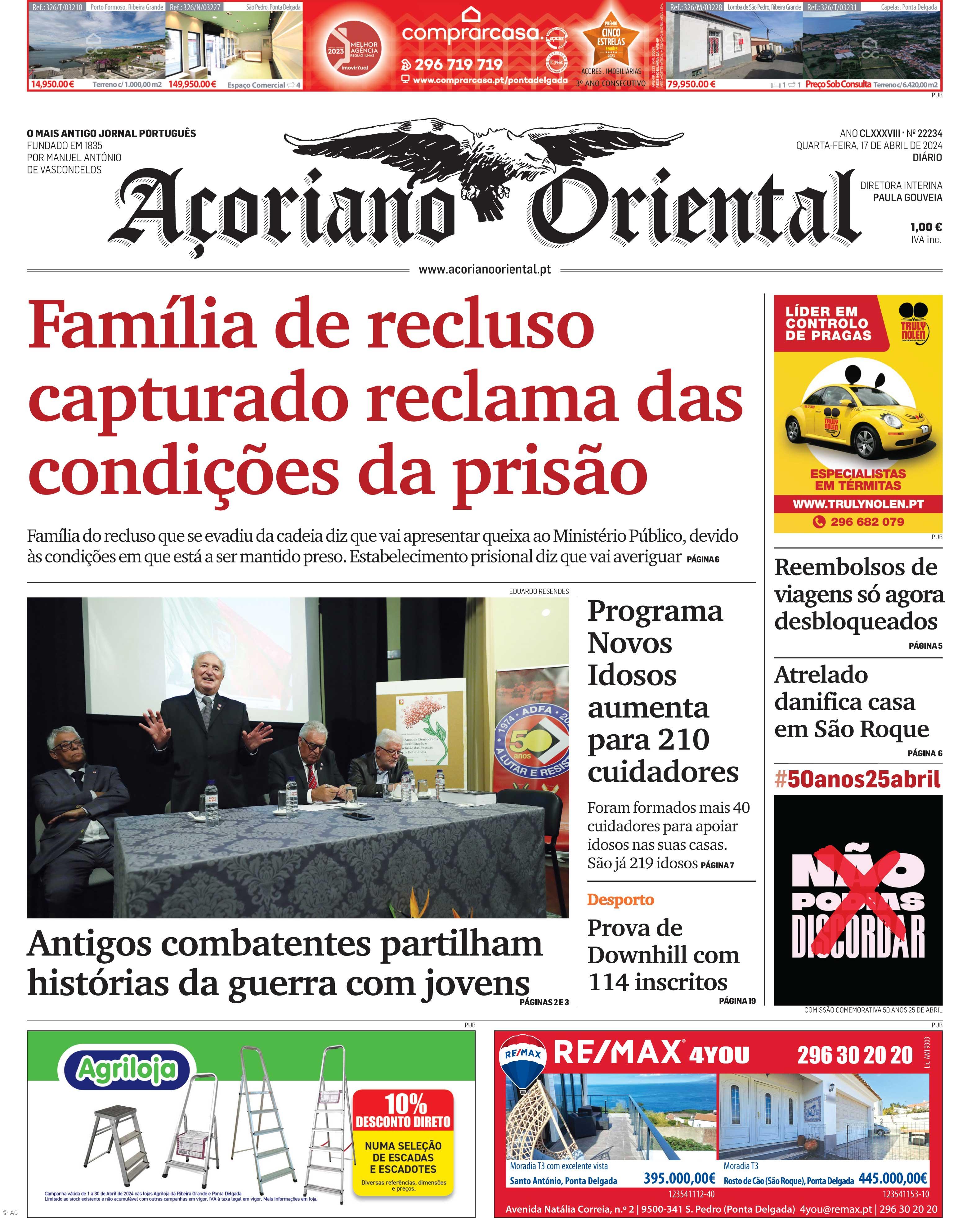 "Família de recluso capturado reclama das condições da prisão" é a manchete do Açoriano Oriental – Imagem 1