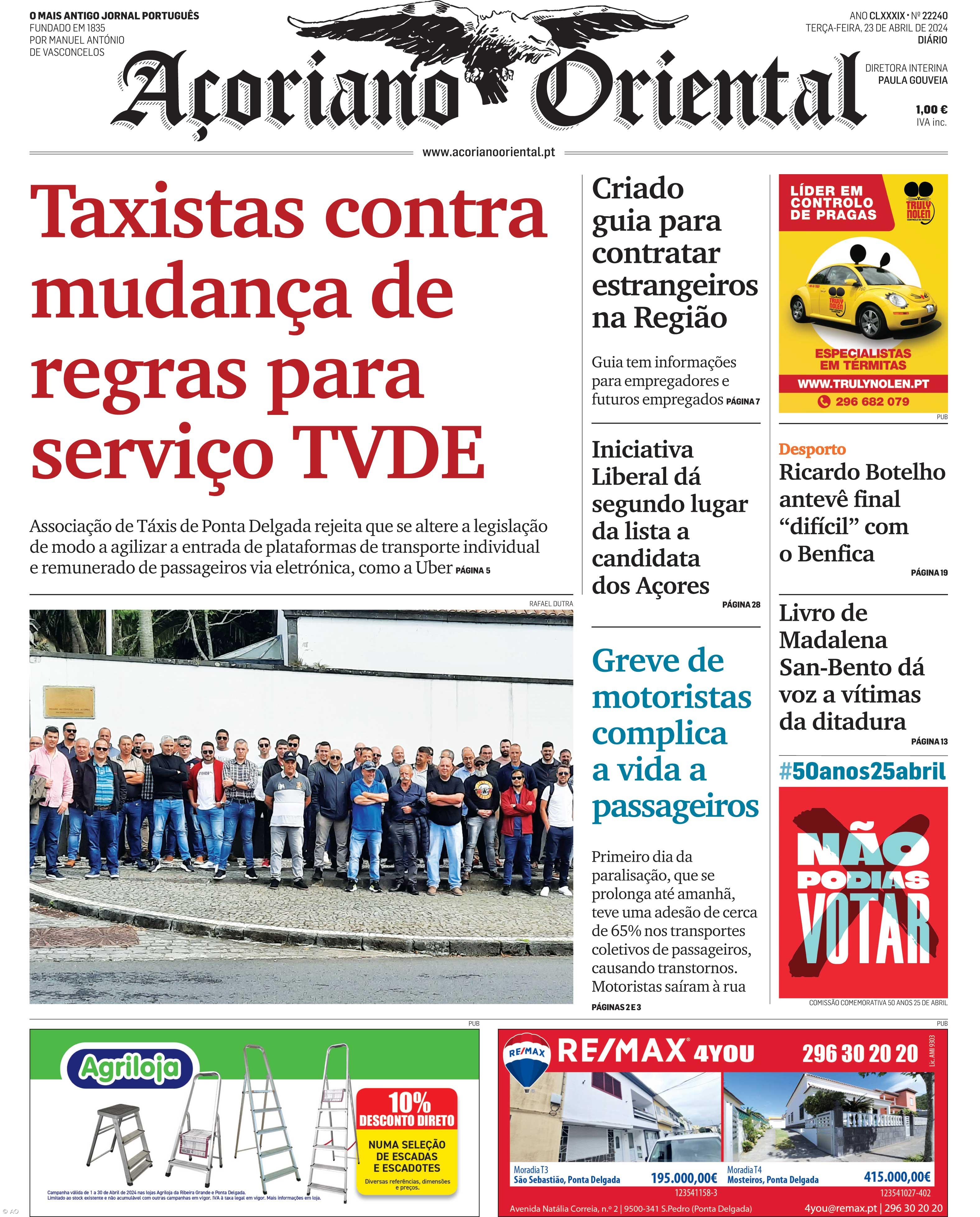 "Taxistas contra mudança de regras para serviço TVDE" é a manchete do Açoriano Oriental – Imagem 1