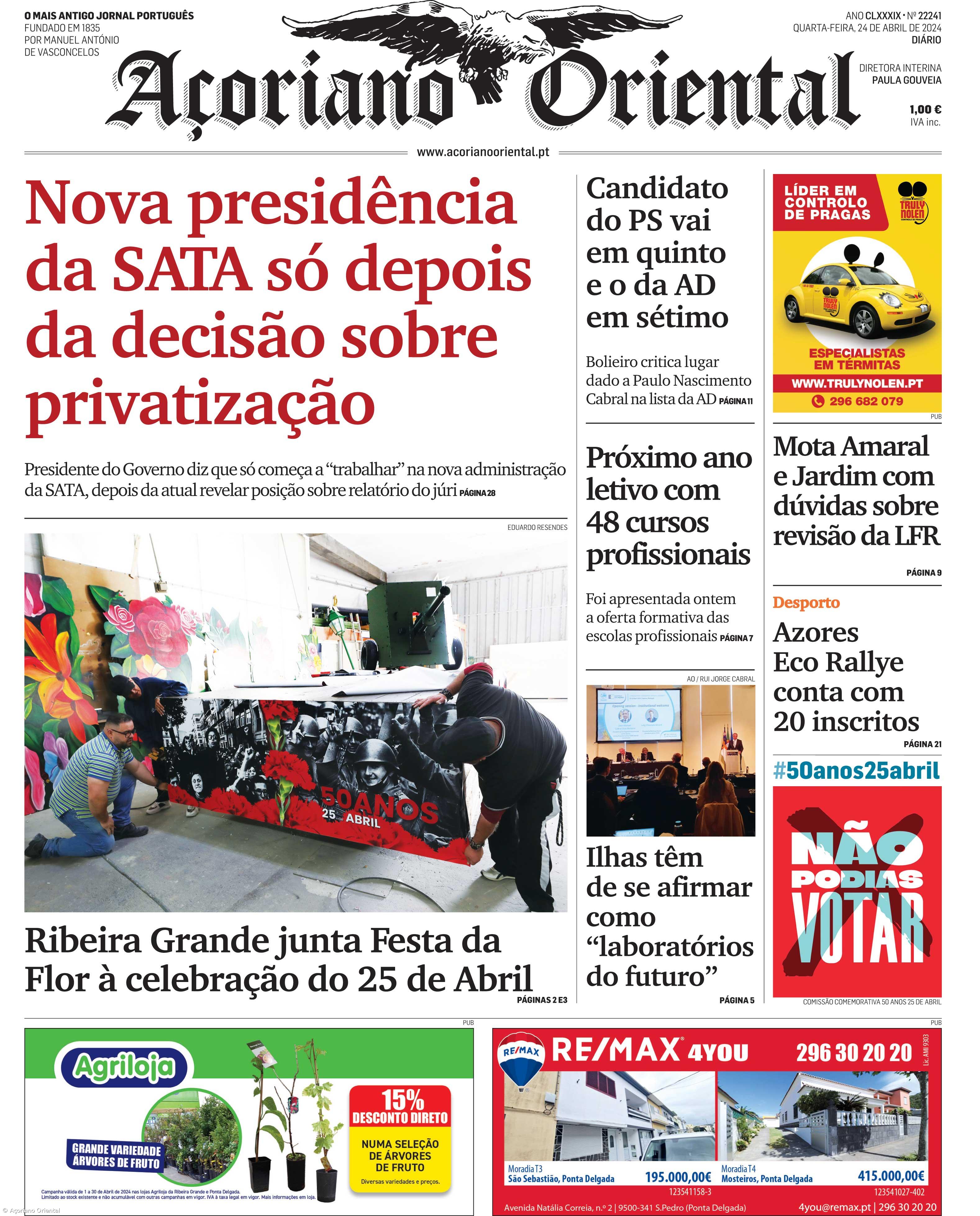 "Nova presidência da SATA só depois da decisão sobre privatização" é a manchete do Açoriano Oriental – Imagem 1