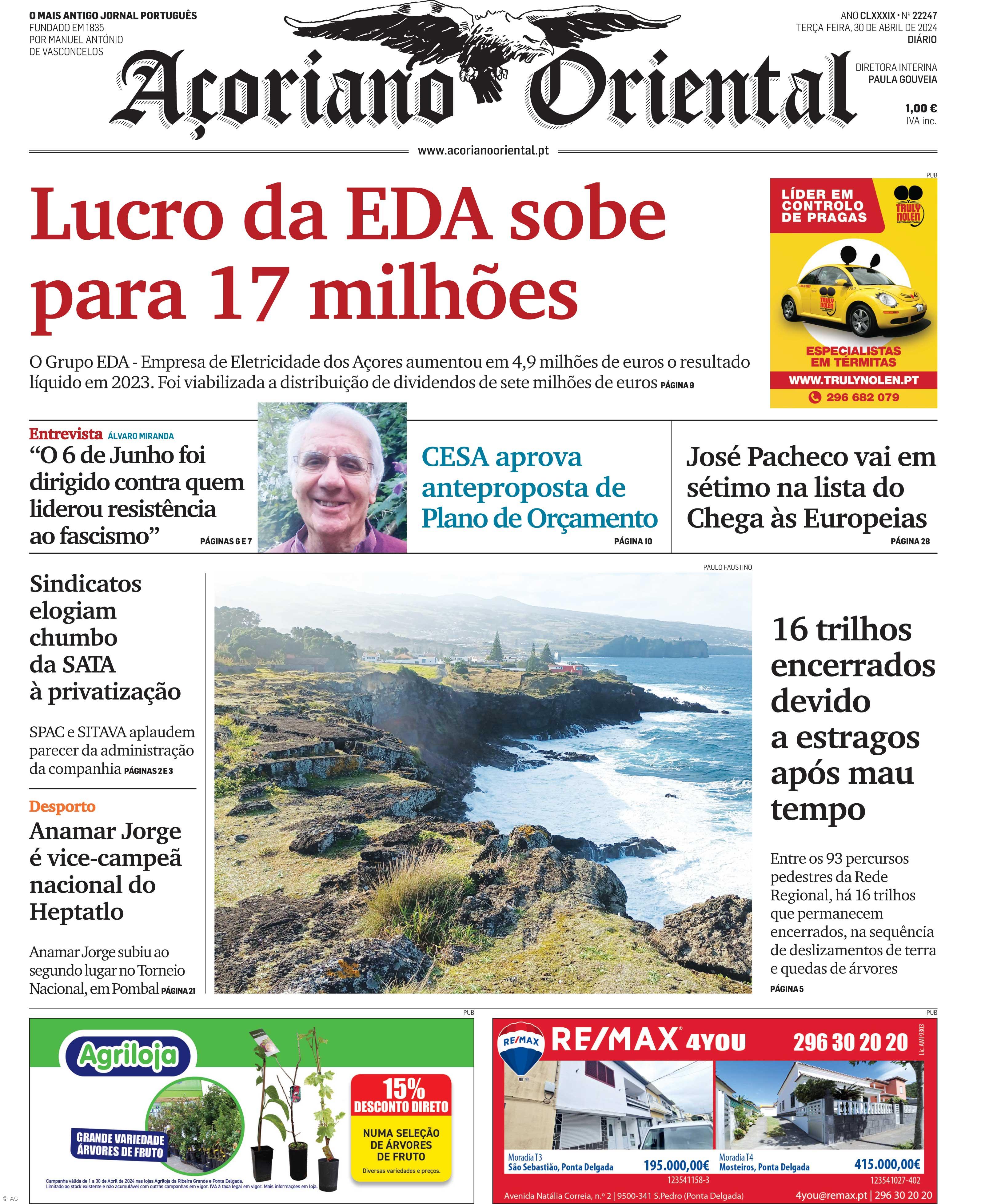 "Lucro da EDA sobe para 17 milhões" é a manchete do Açoriano Oriental – Imagem 1