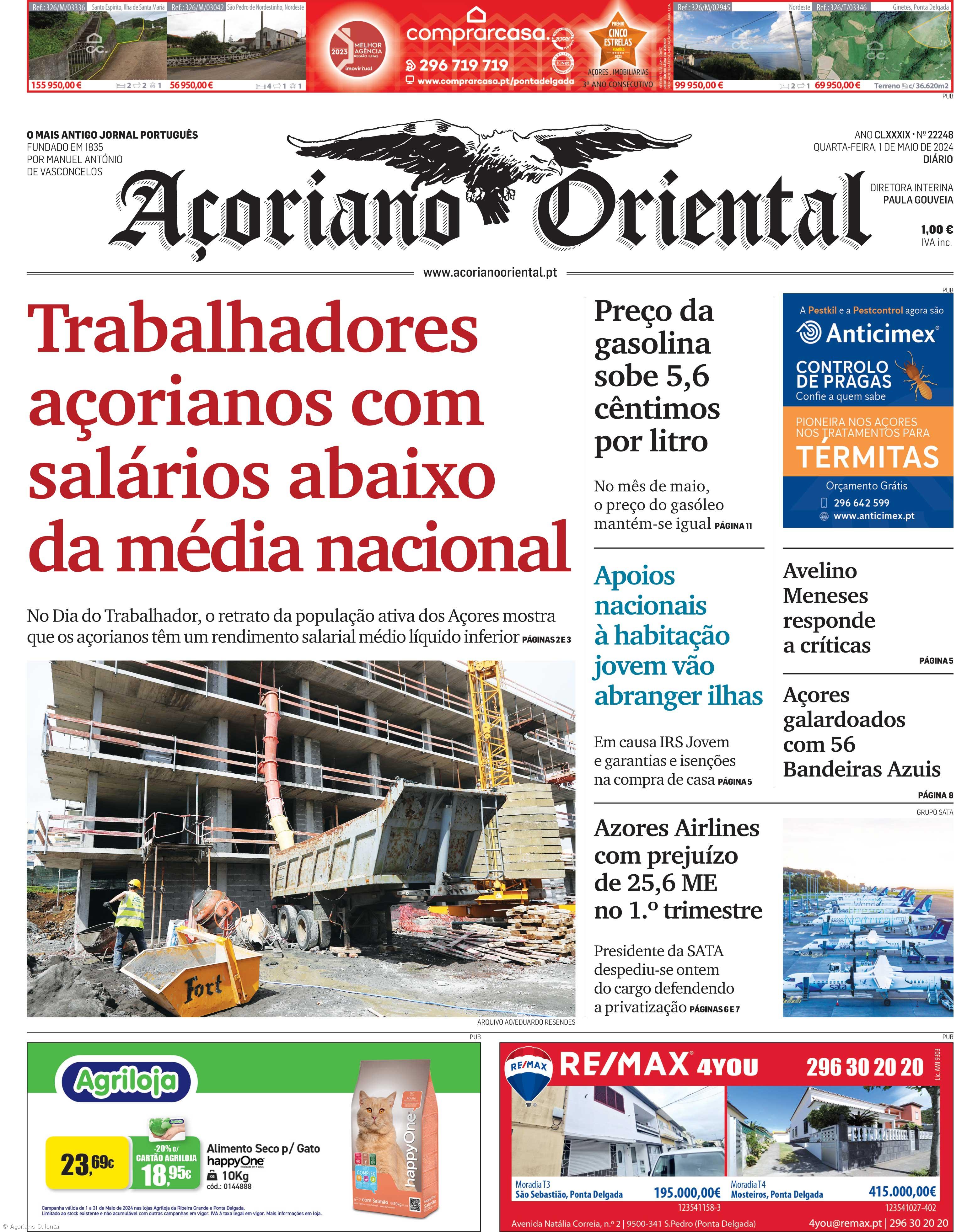 "Trabalhadores açorianos com salários abaixo da média nacional" é a manchete do Açoriano Oriental – Imagem 1