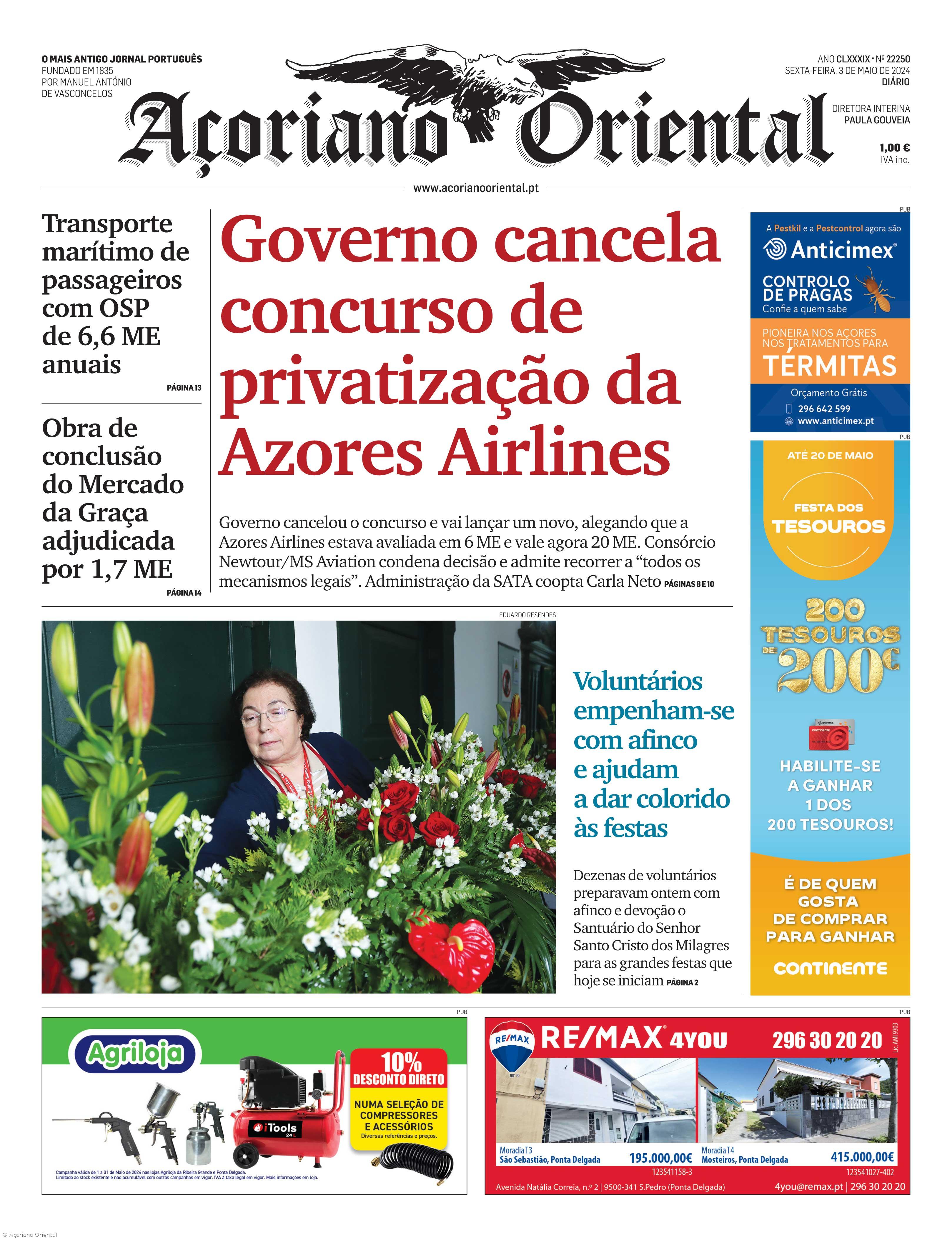 "Governo cancela concurso de privatização da Azores Airlines" é a manchete do Açoriano Oriental – Imagem 1