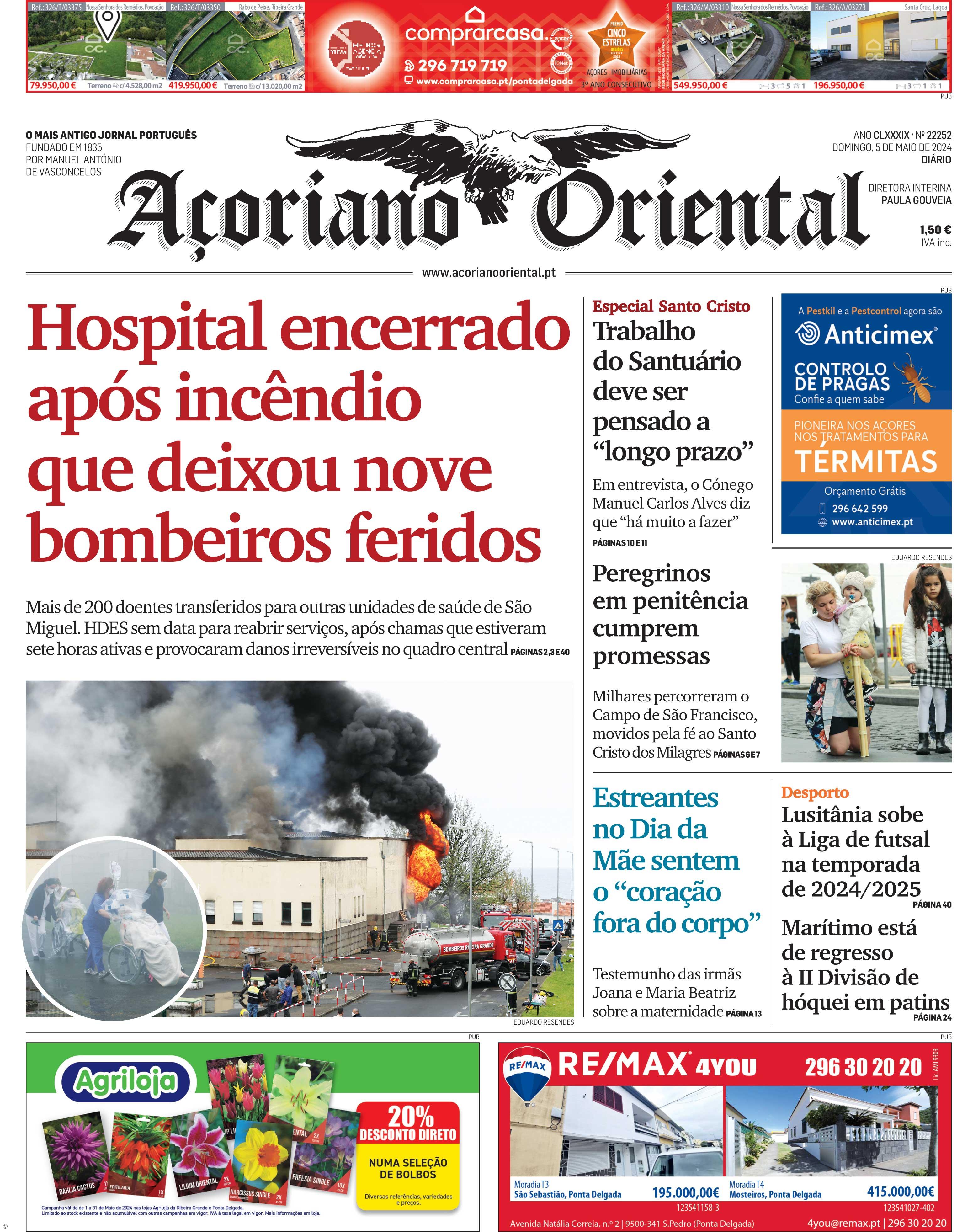 "Hospital encerrado após incêndio que deixou nove bombeiros feridos" é a manchete do Açoriano Oriental – Imagem 1
