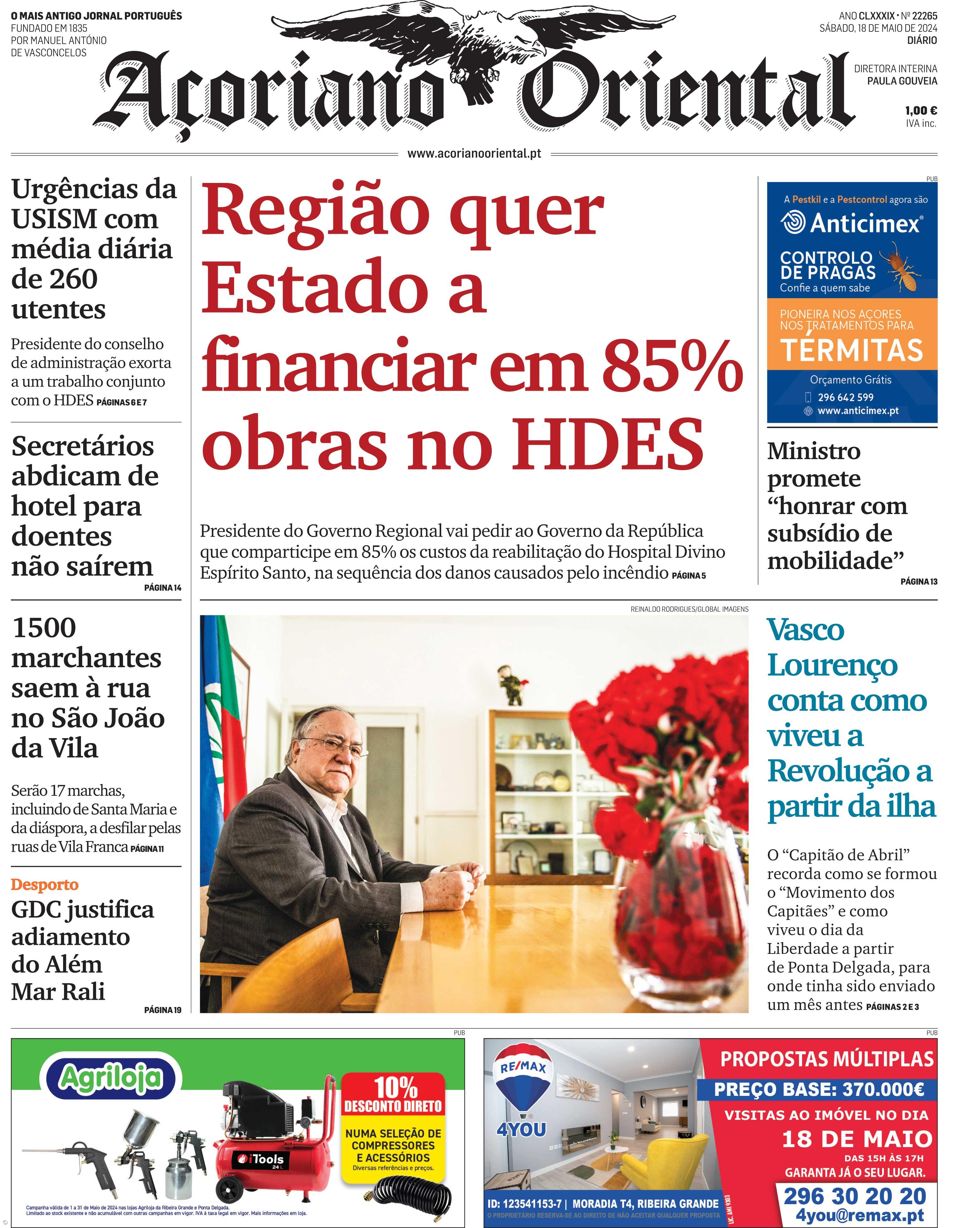 "Região quer Estado a financiar em 85% obras no HDES" é a manchete do Açoriano Oriental – Imagem 1
