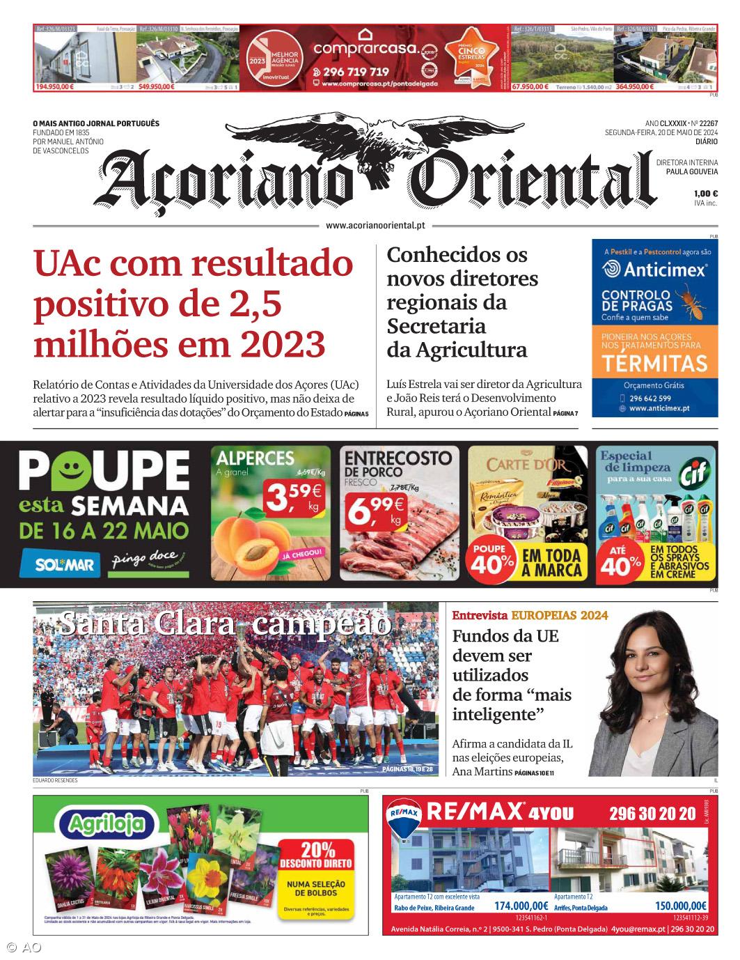 "UAc com resultado positivo de 2,5 milhões em 2023" é a manchete do Açoriano Oriental – Imagem 1