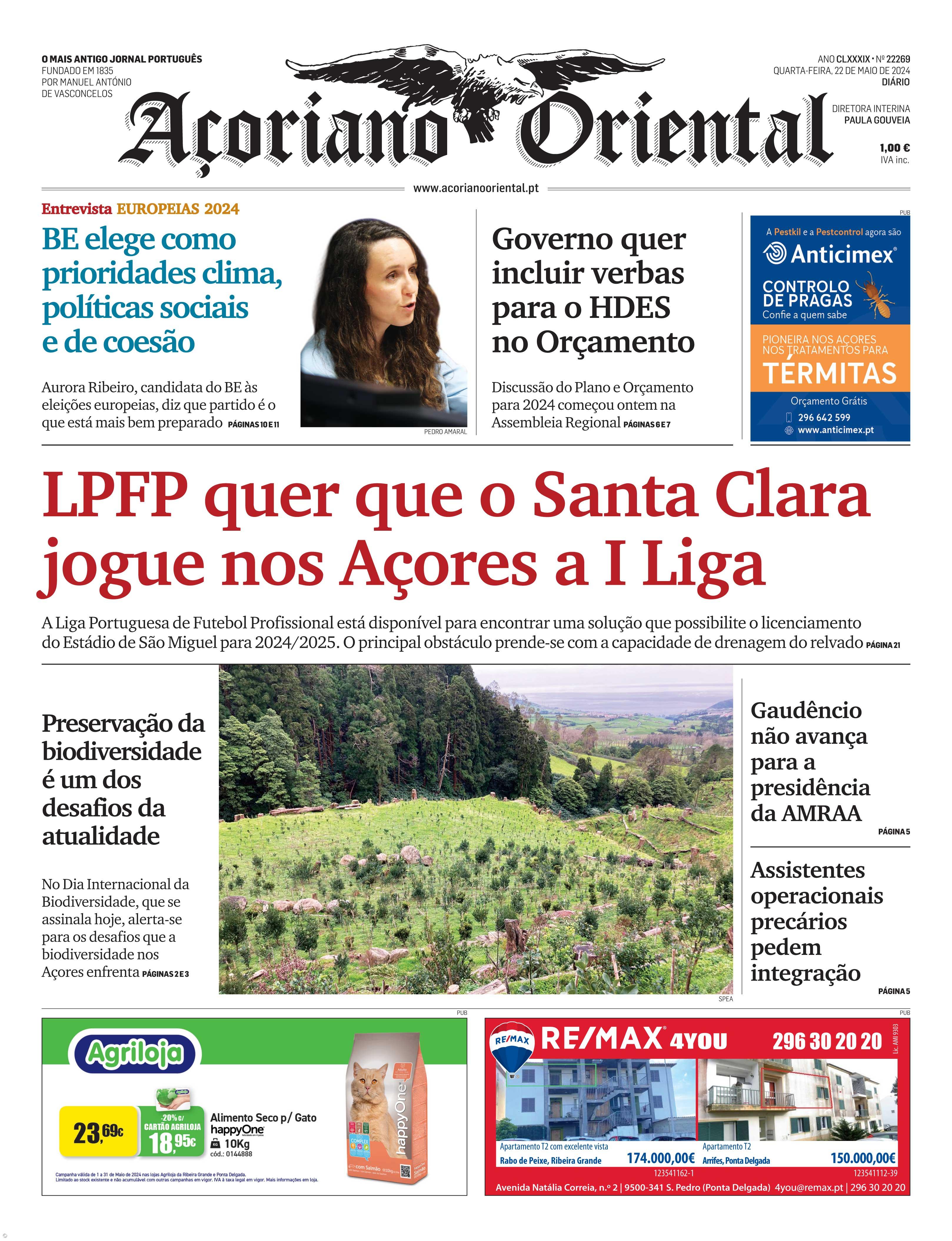"LPFP quer que o Santa Clara jogue nos Açores a I Liga" é a manchete do Açoriano Oriental – Imagem 1