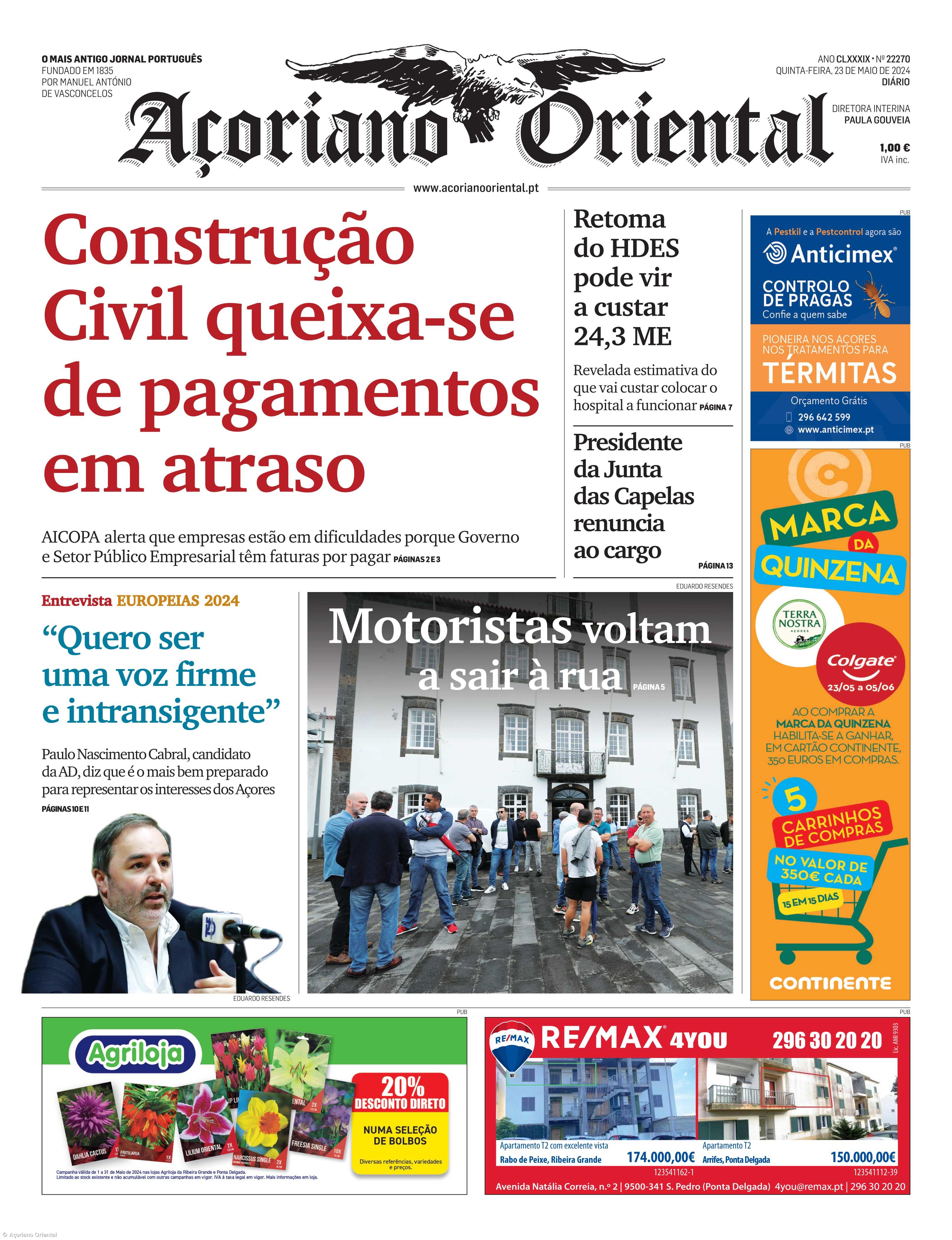 "Construção Civil queixa-se de pagamentos em atraso" é a manchete do Açoriano Oriental – Imagem 1