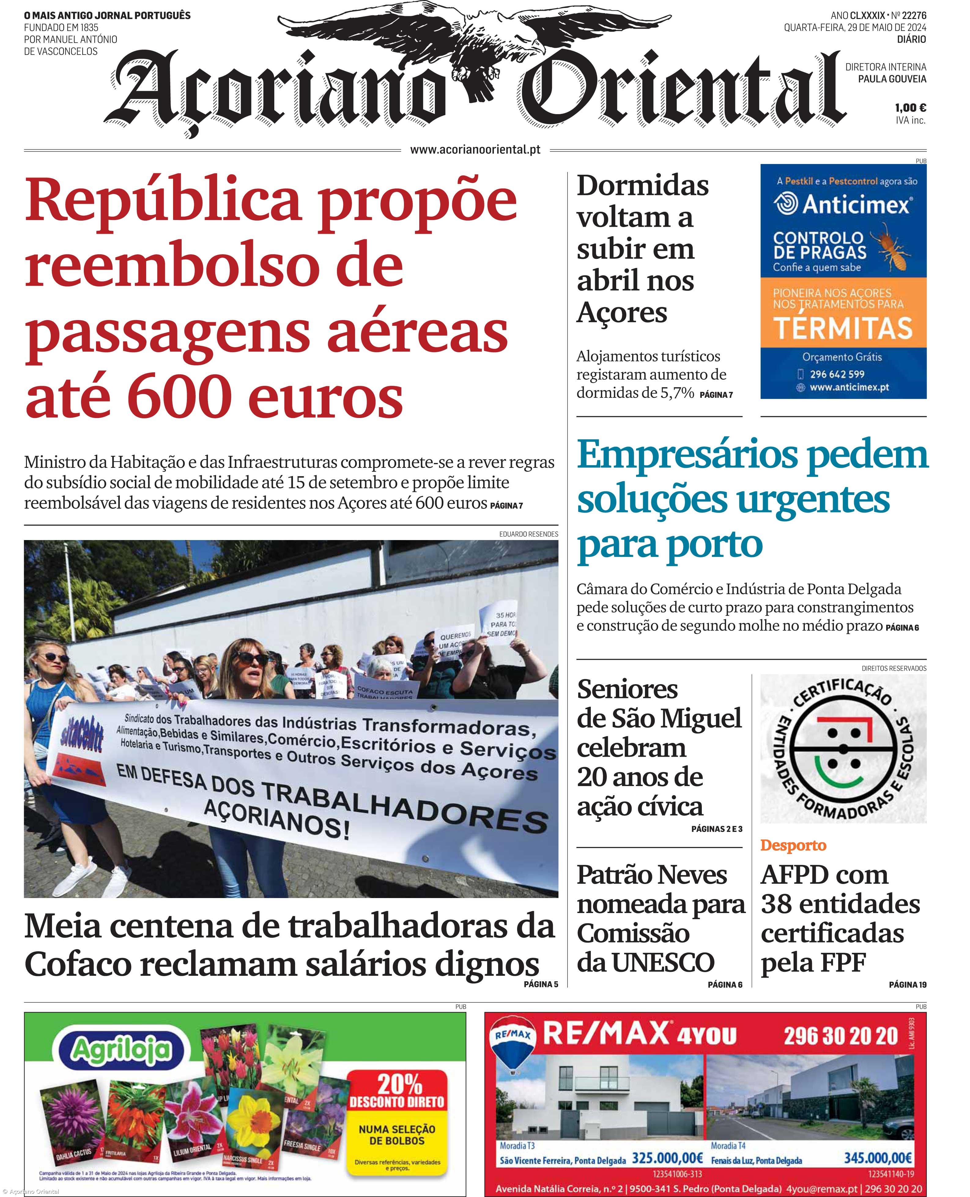 "República propõe reembolso de passagens aéreas até 600 euros" é a manchete do Açoriano Oriental – Imagem 1