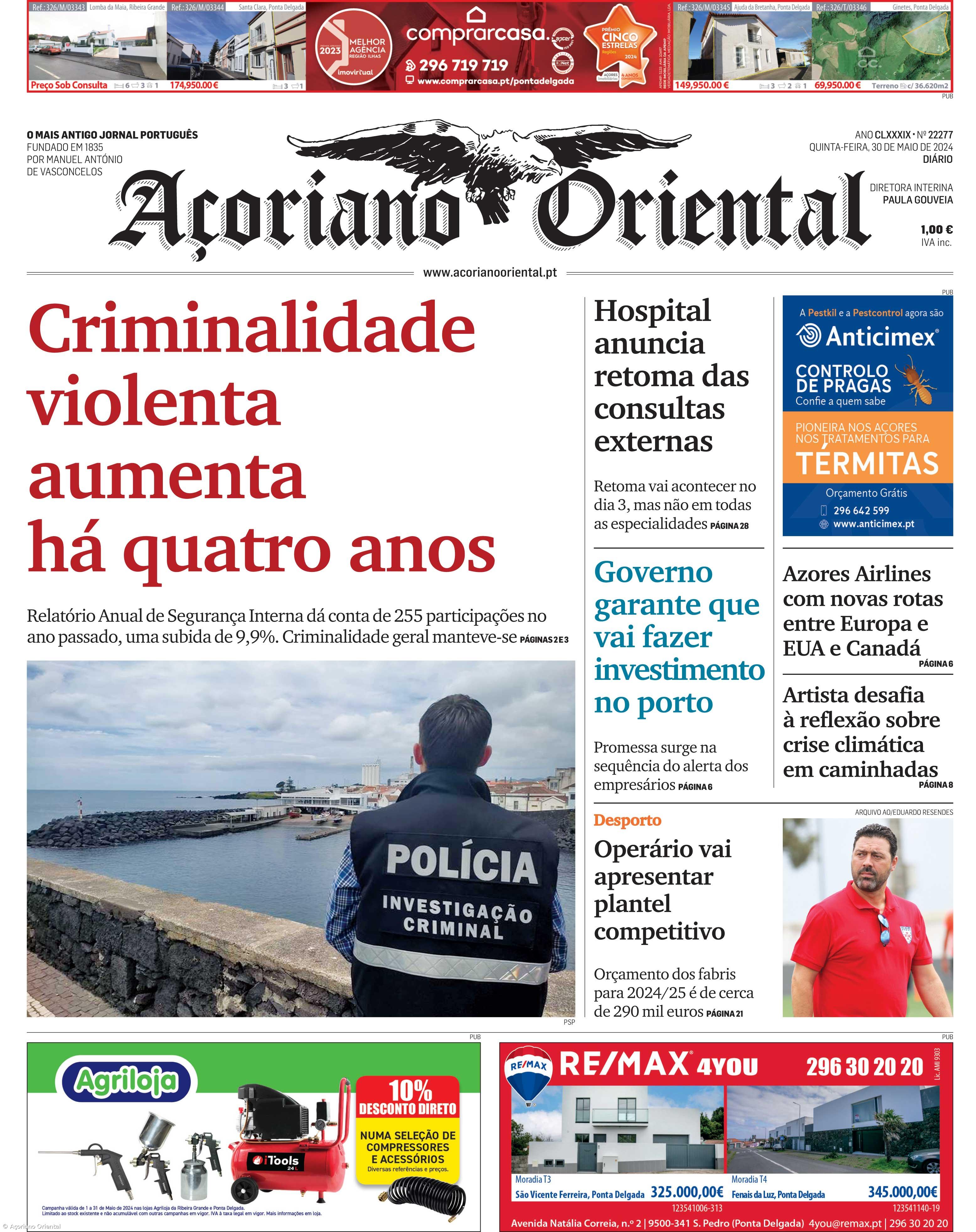 "Criminalidade violenta aumenta há quatro anos" é a manchete do Açoriano Oriental – Imagem 1