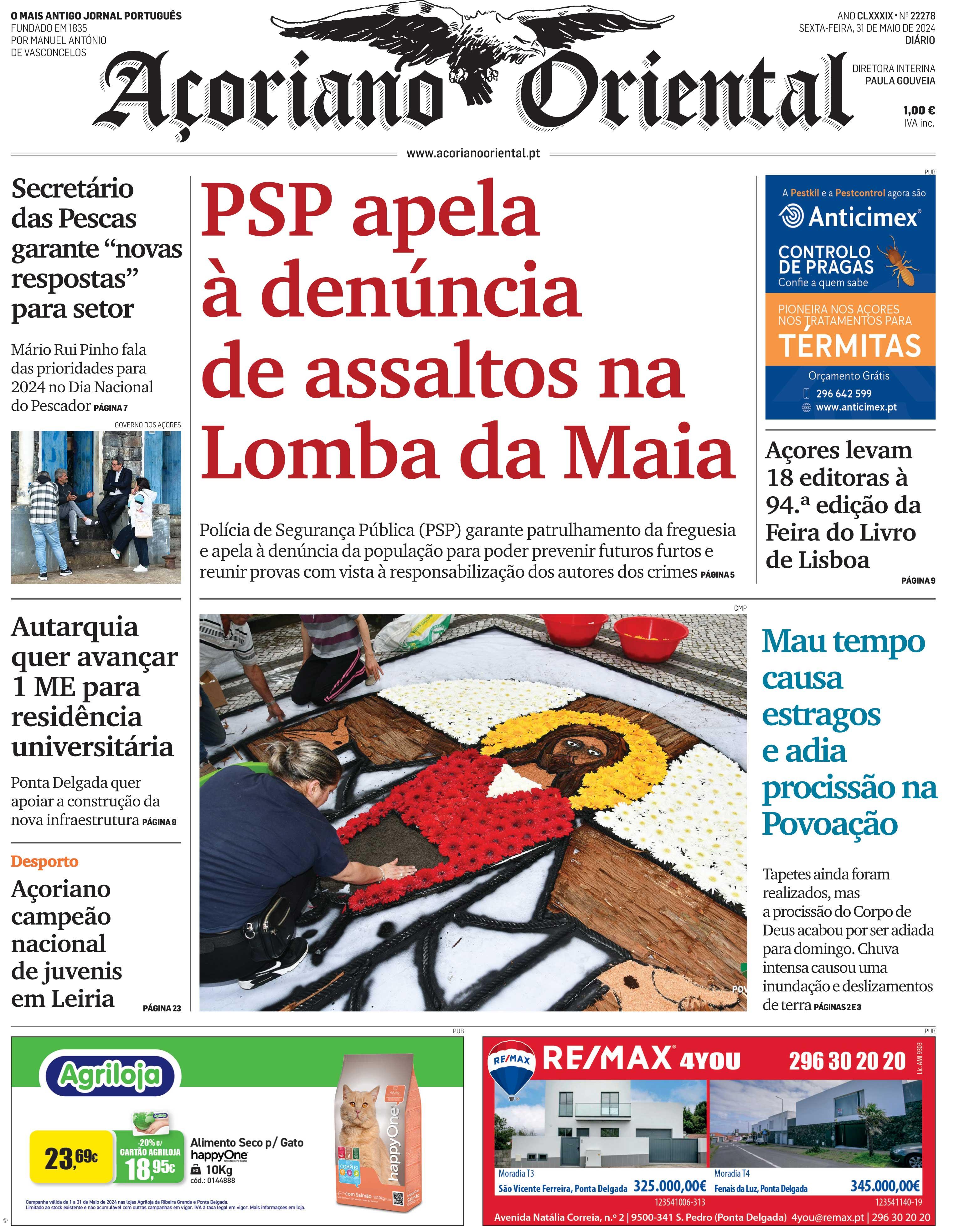 "PSP apela à denúncia de assaltos na Lomba da Maia" é a manchete do Açoriano Oriental – Imagem 1