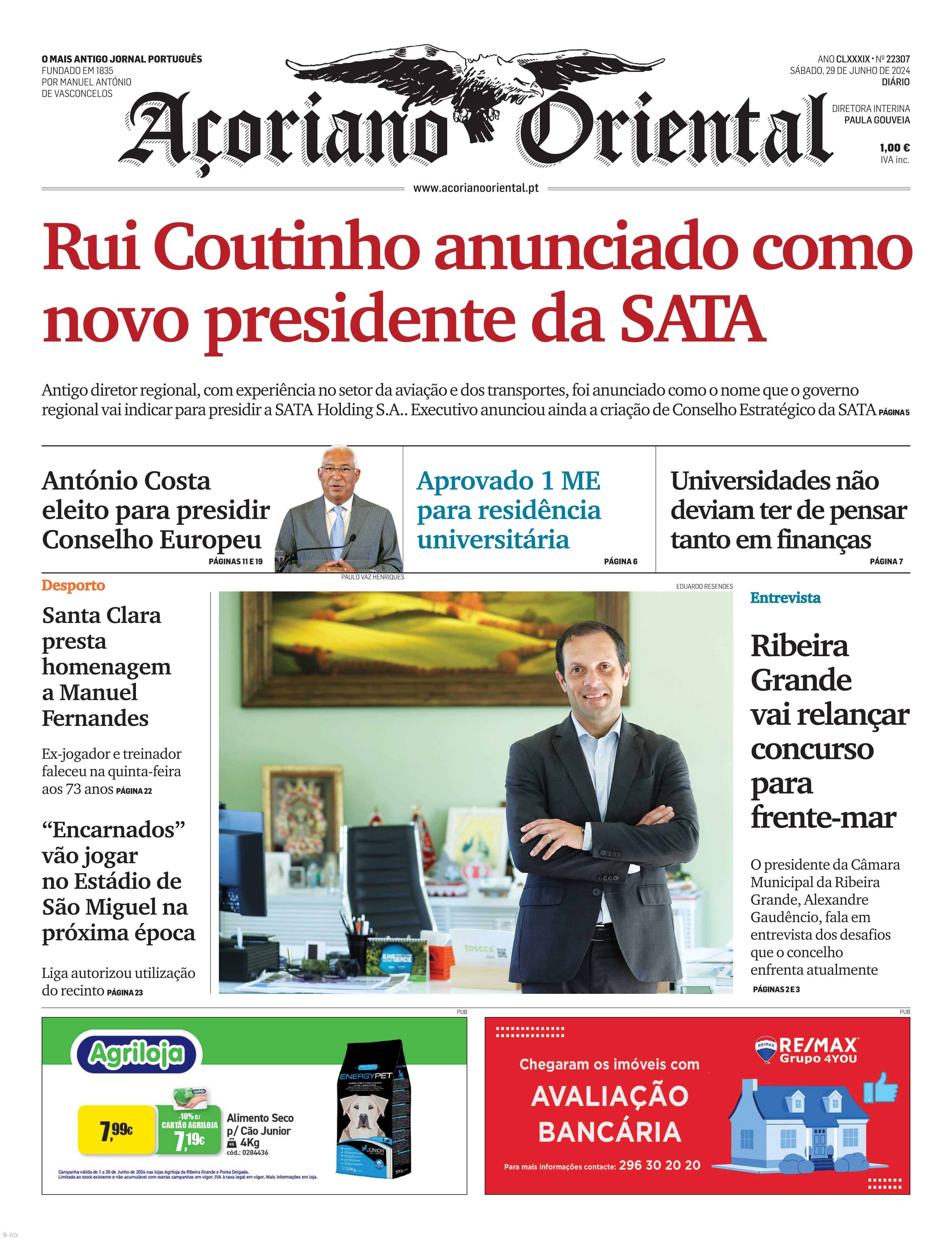 "Rui Coutinho anunciado como novo presidente da SATA" é a manchete do Açoriano Oriental – Imagem 1