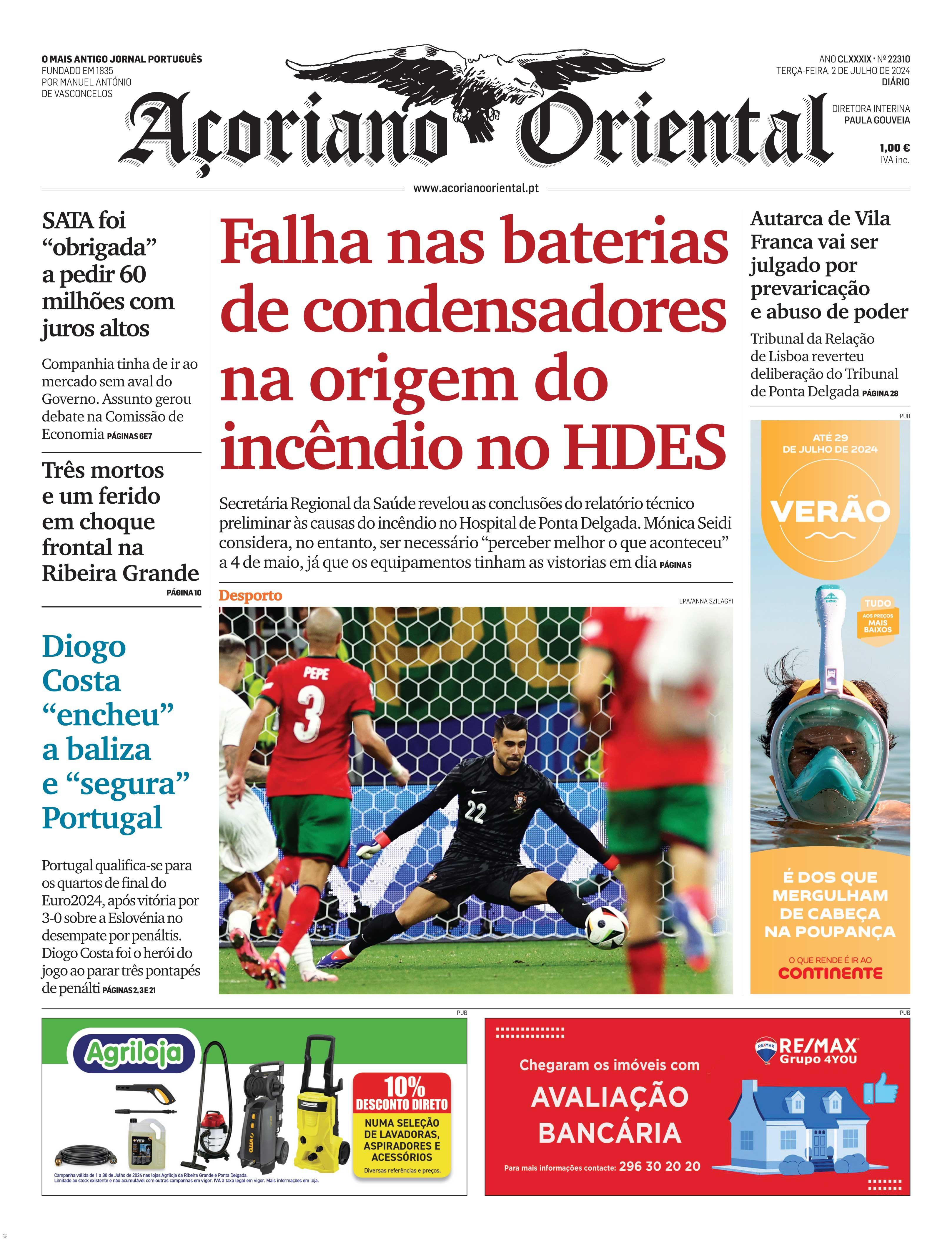 "Falha nas baterias de condensadores na origem do incêndio no HDES" é a manchete do Açoriano Oriental – Imagem 1