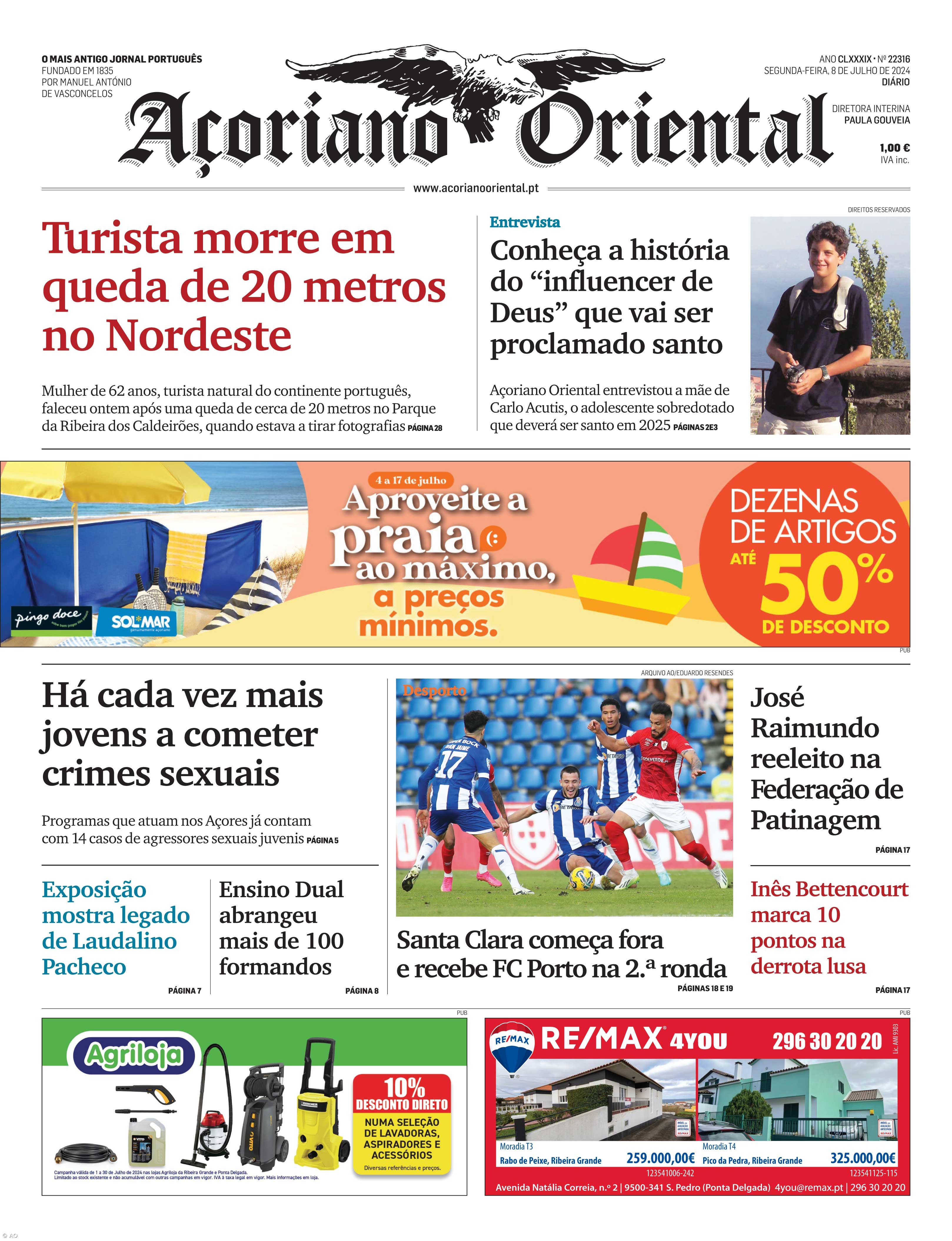 "Turista morre em queda de 20 metros no Nordeste" é a manchete do Açoriano Oriental – Imagem 1