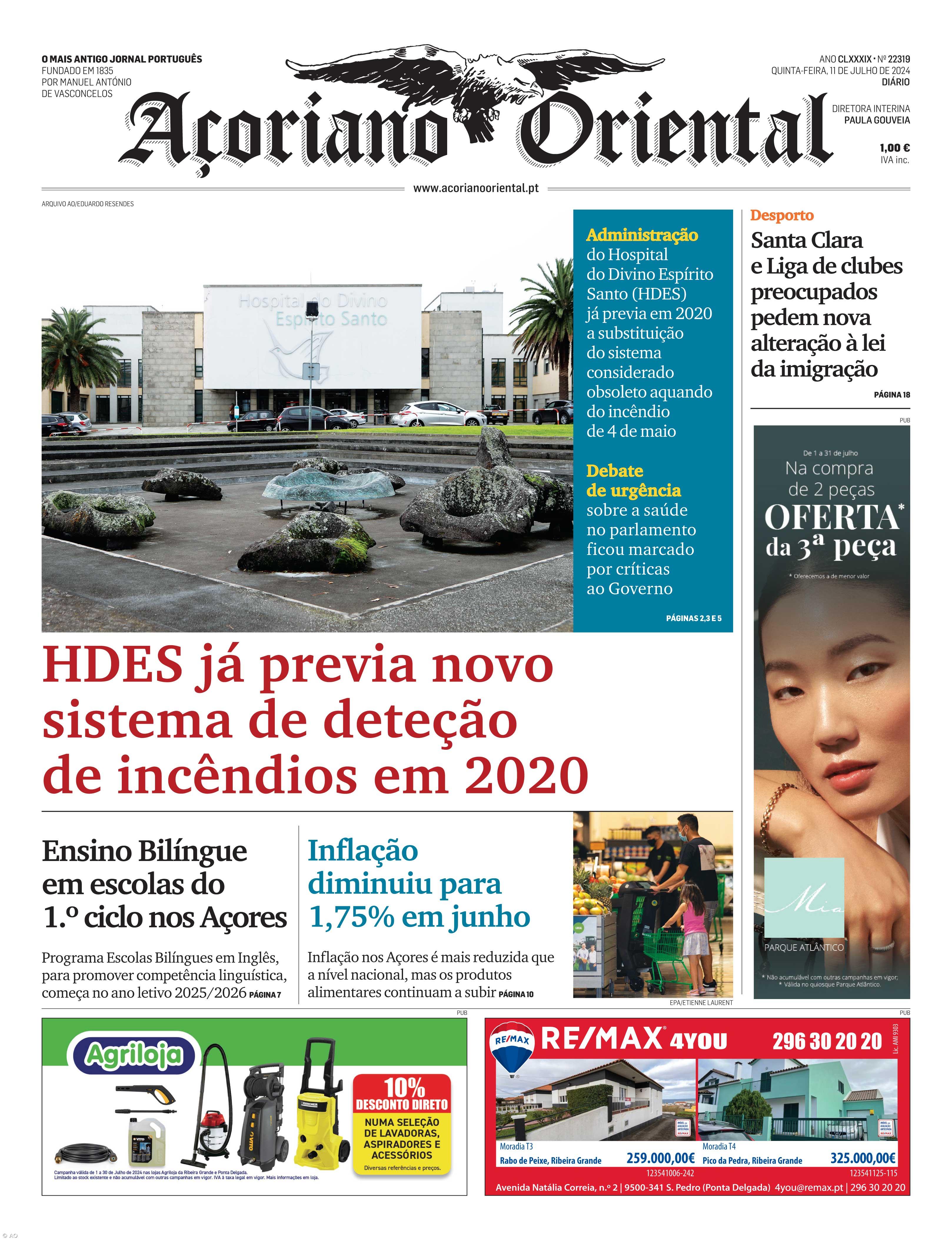 "HDES já previa novo sistema de deteção de incêndios em 2020" é a manchete do Açoriano Oriental – Imagem 1