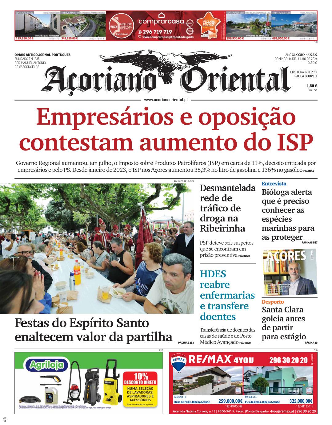 "Empresários e oposição contestam aumento do ISP" é a manchete do Açoriano Oriental – Imagem 1