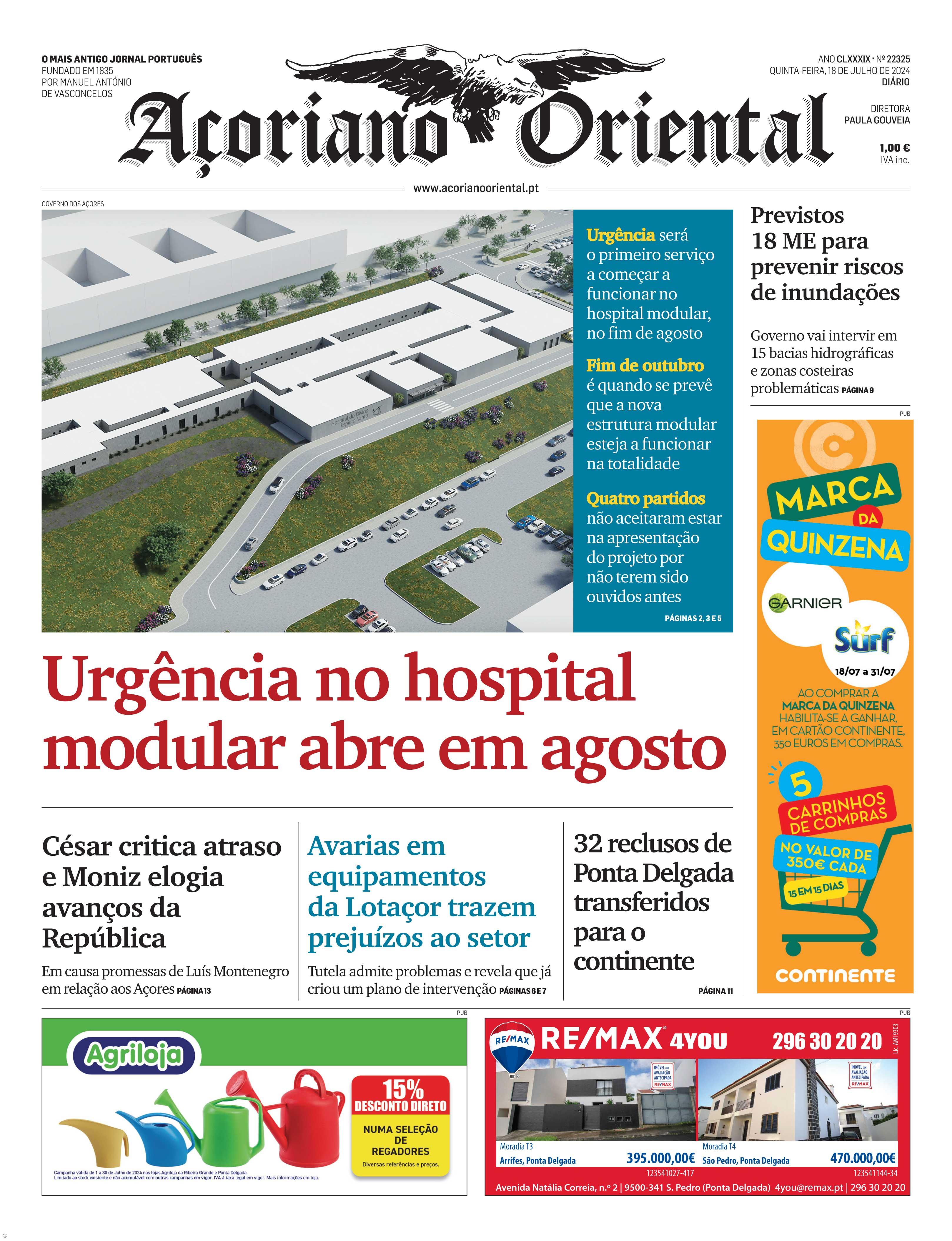 "Urgência no hospital modular abre em agosto" é a manchete do Açoriano Oriental – Imagem 1
