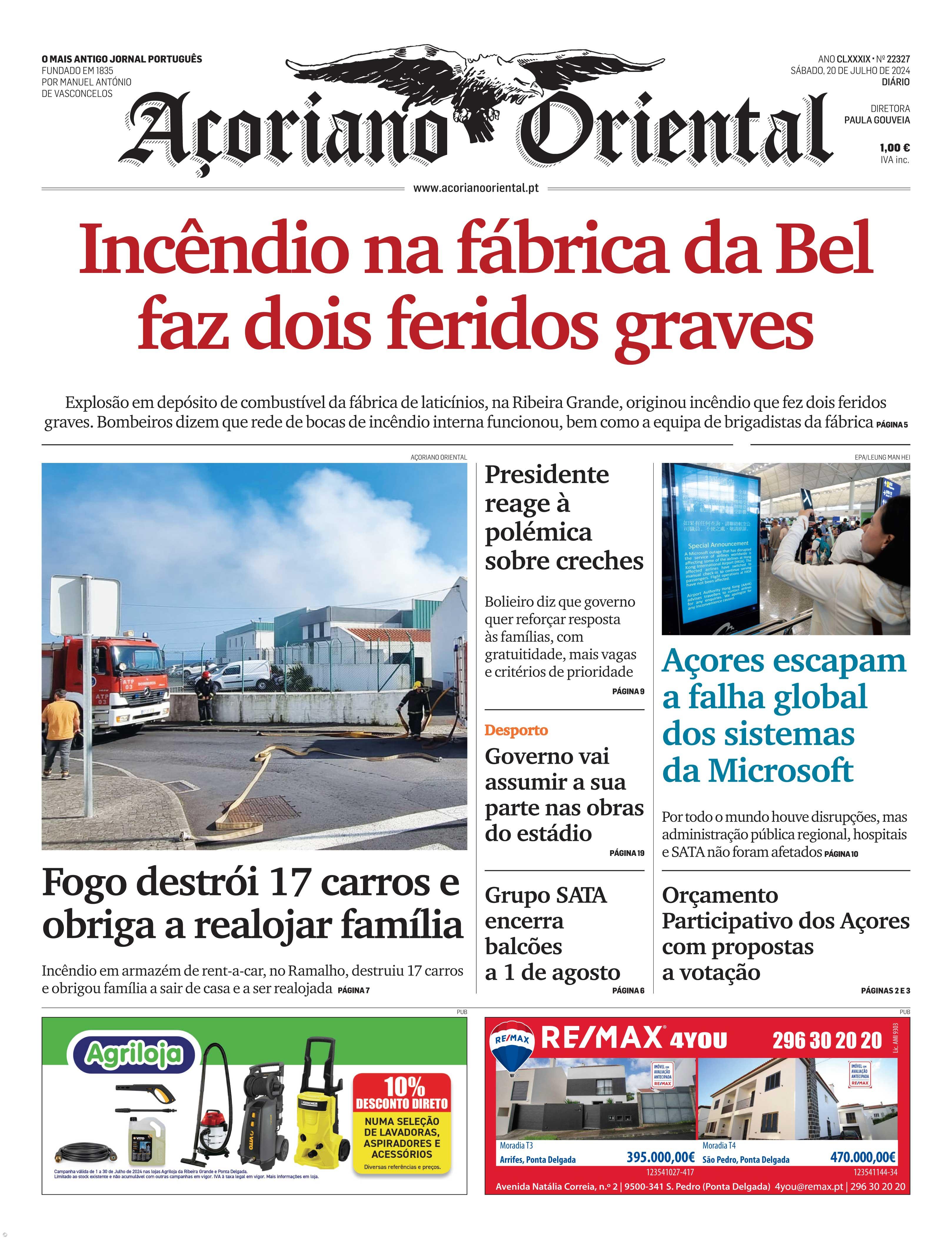 "Incêndio na fábrica da Bel faz dois feridos graves" é a manchete do Açoriano Oriental – Imagem 1