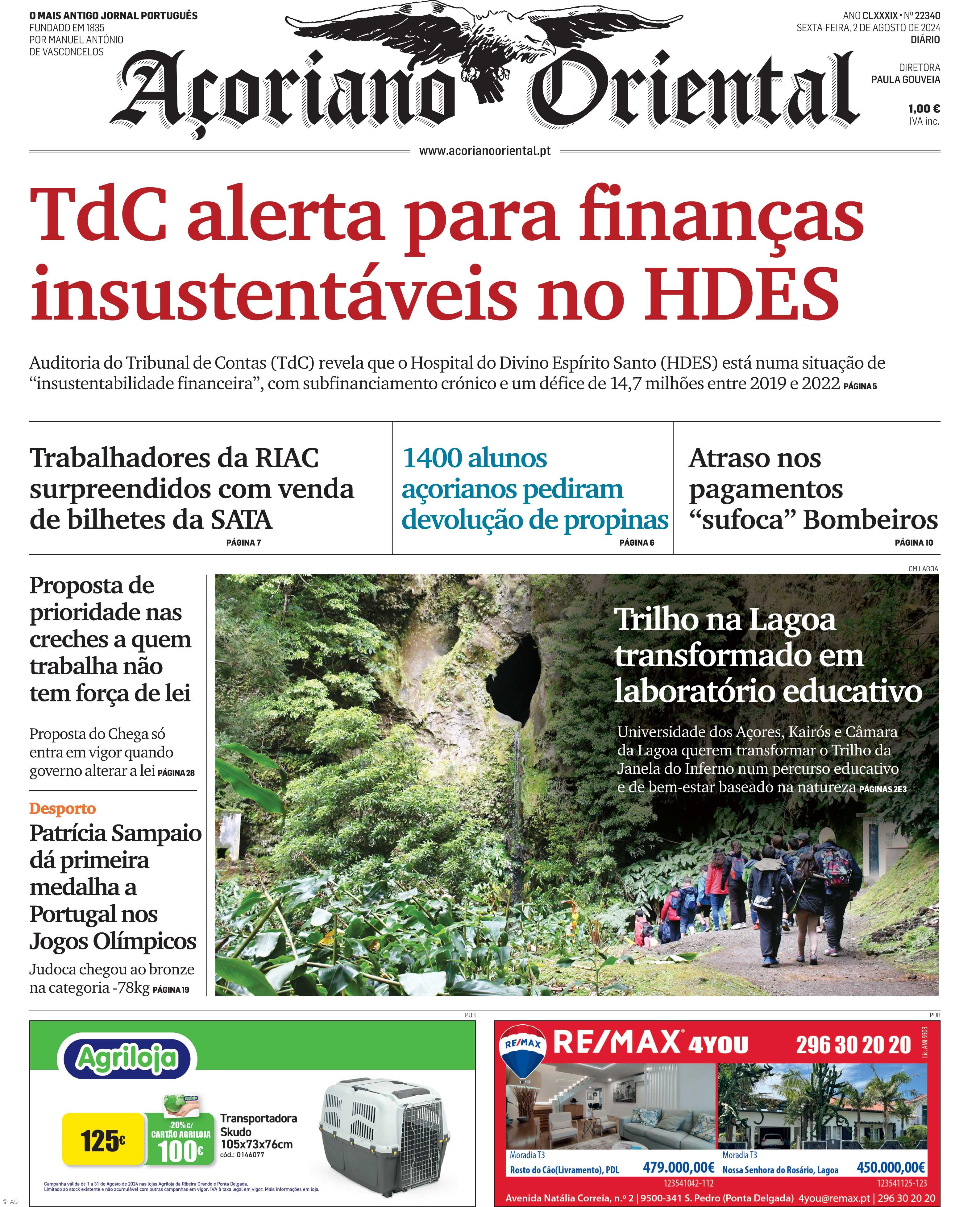 "TdC alerta para finanças insustentáveis no HDES" é a manchete do Açoriano Oriental – Imagem 1