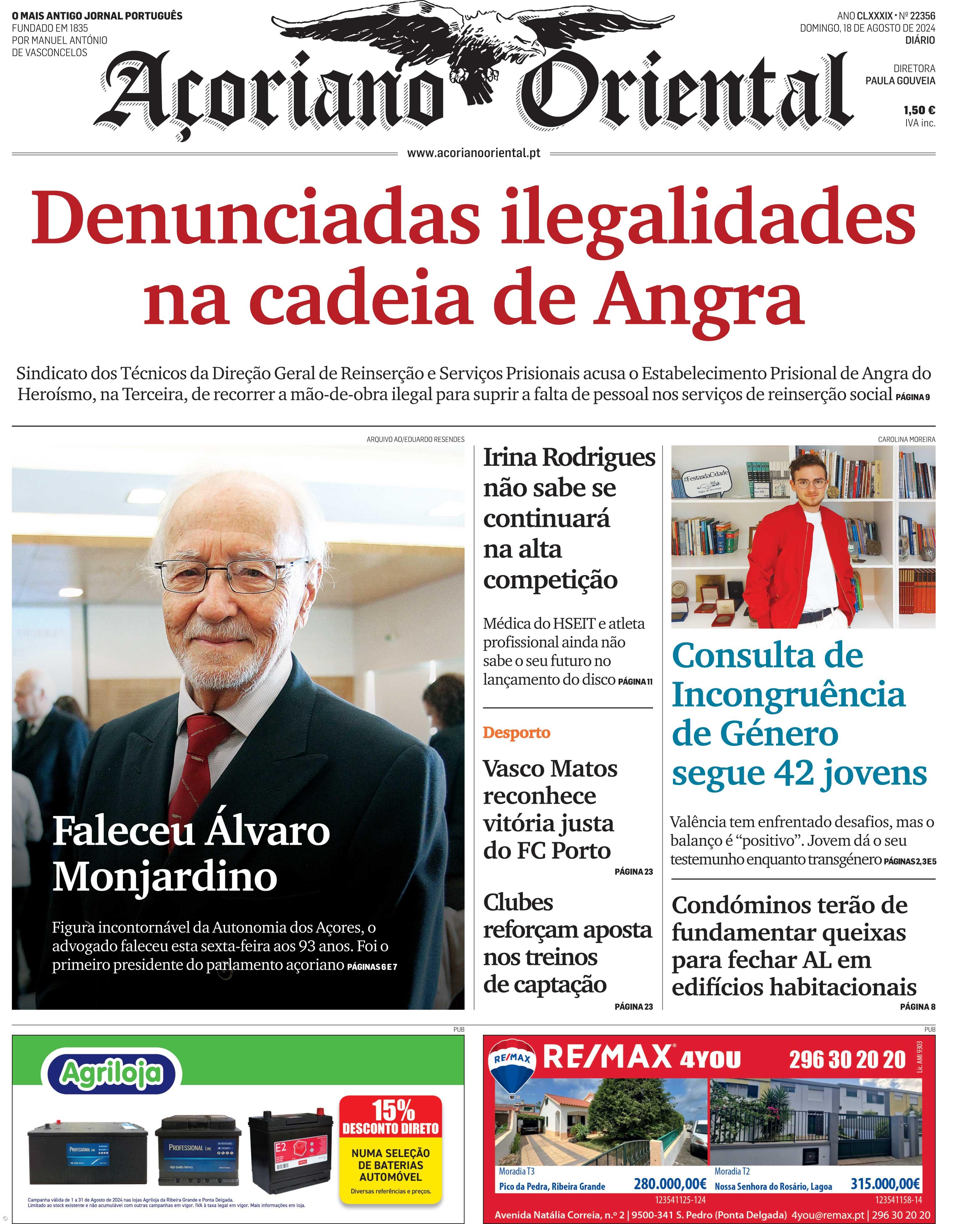 "Denunciadas ilegalidades na cadeia de Angra" é a manchete do Açoriano Oriental – Imagem 1