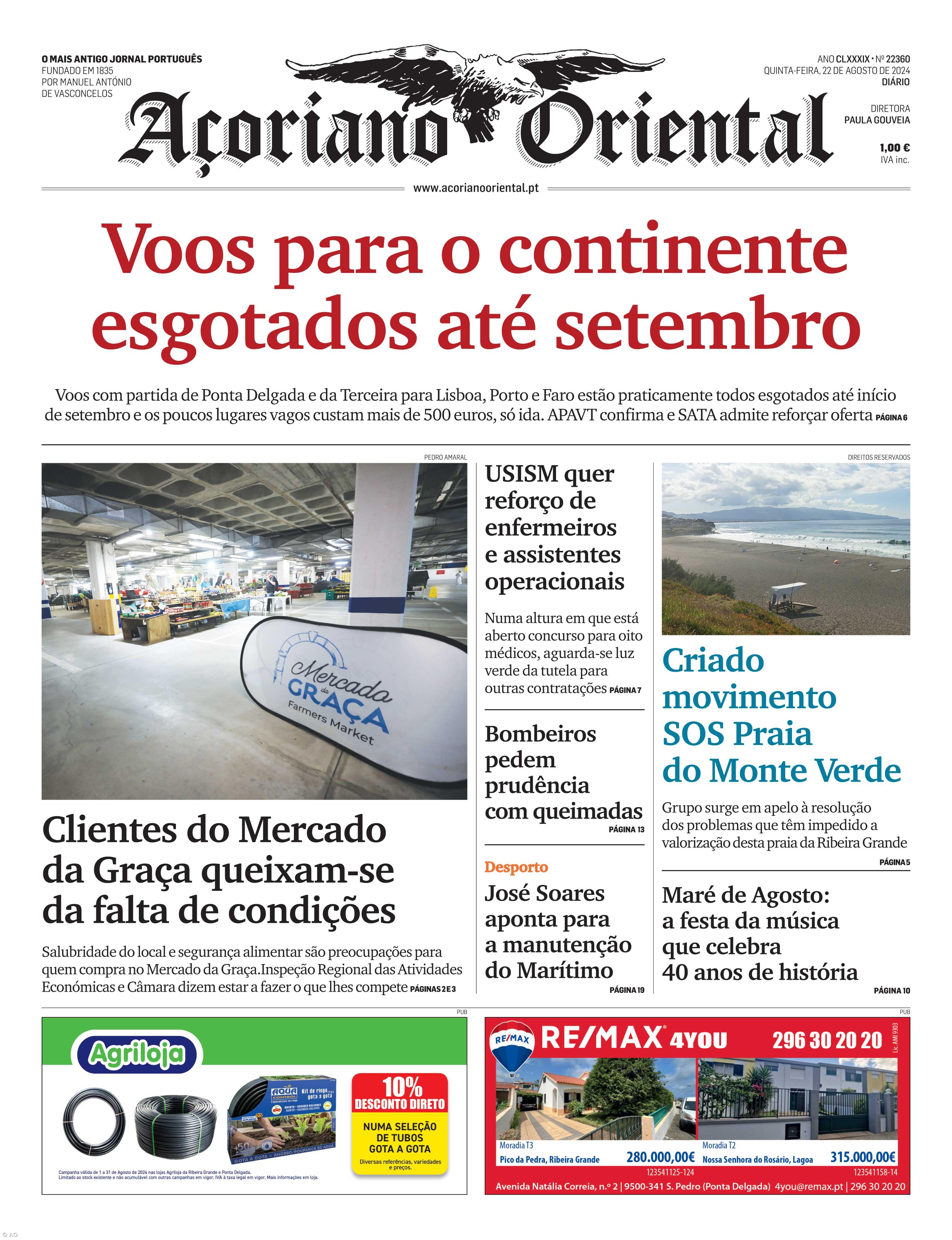 "Voos para o continente esgotados até setembro" é a manchete do Açoriano Oriental – Imagem 1