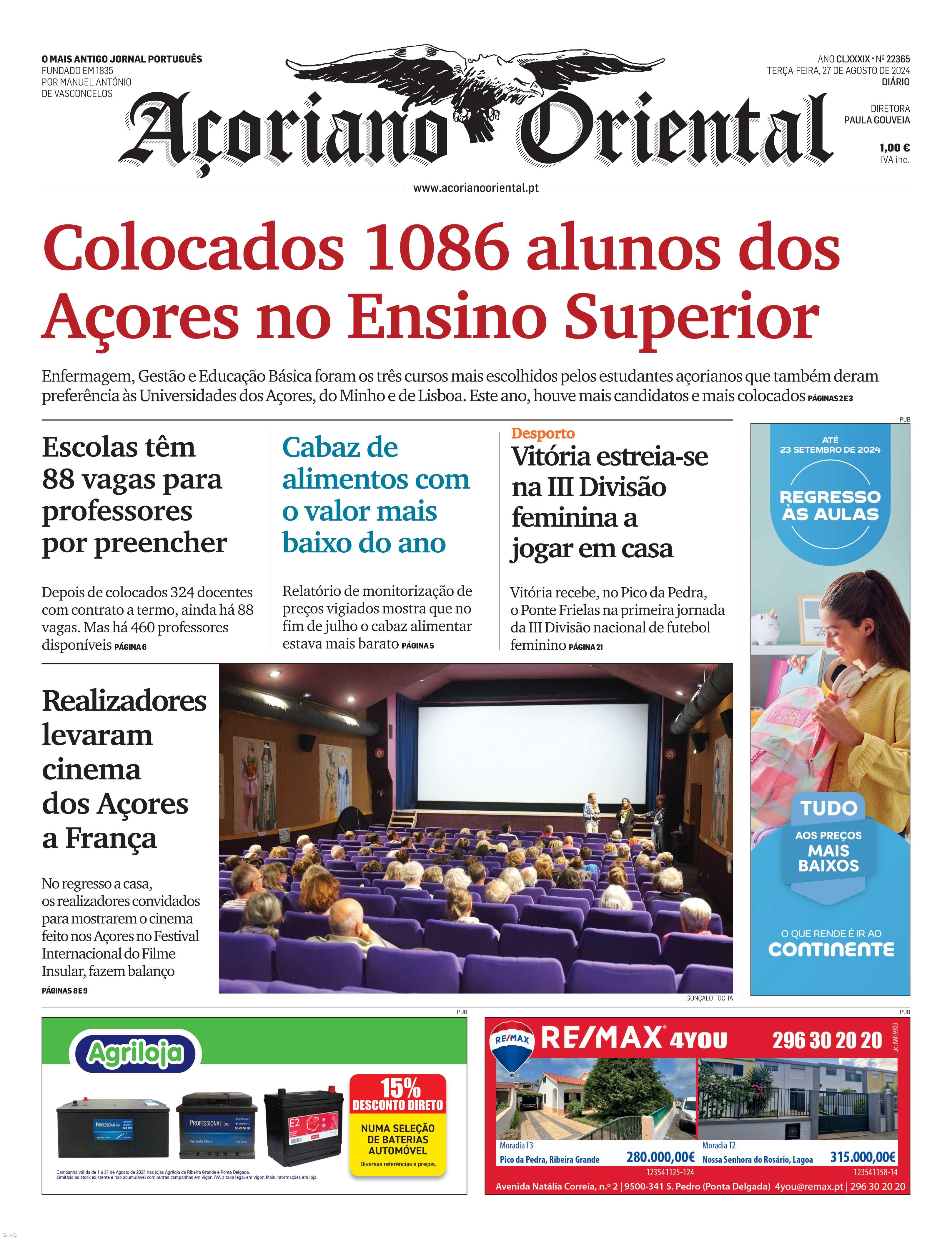 "Colocados 1086 alunos dos Açores no Ensino Superior" é a manchete do Açoriano Oriental – Imagem 1
