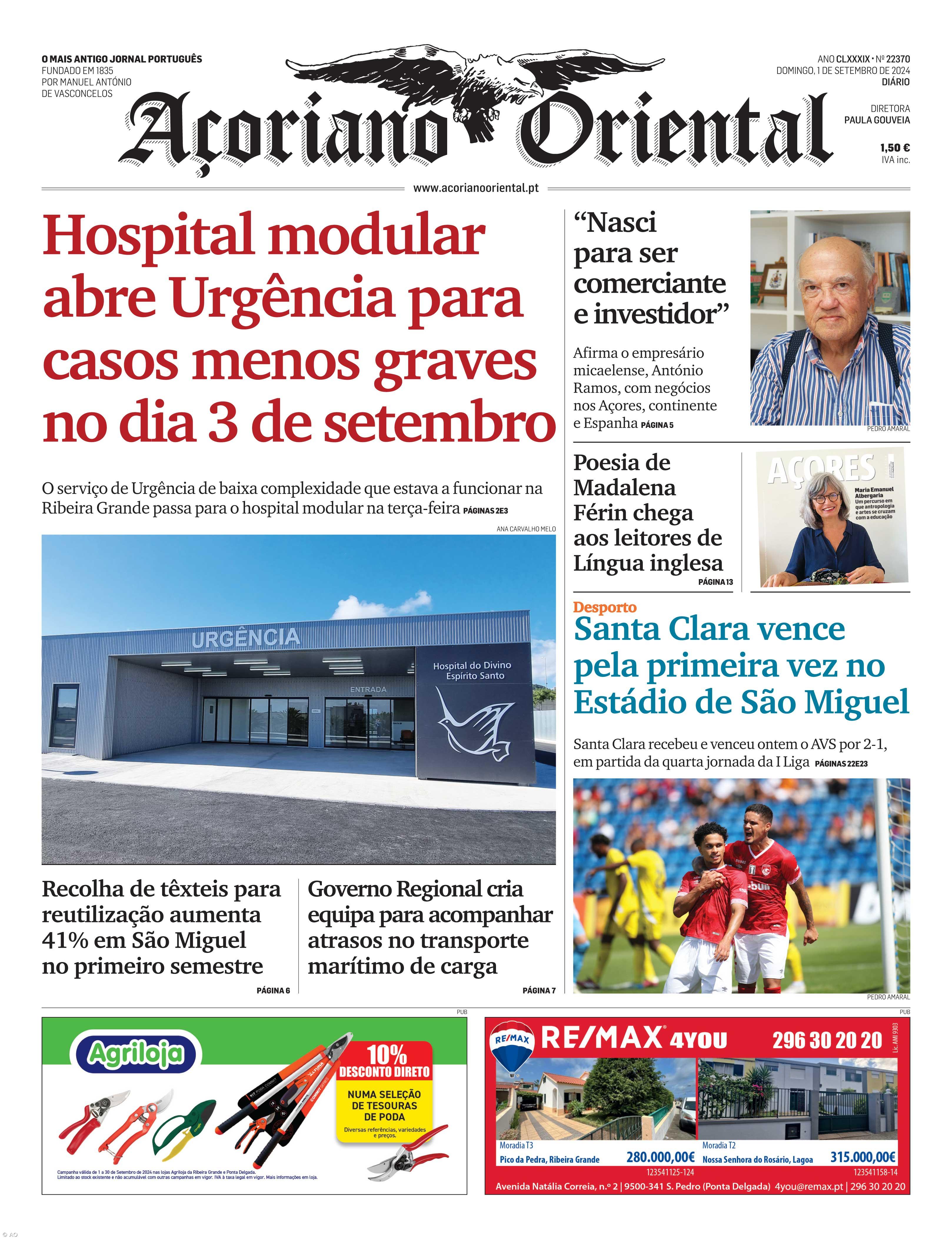 "Hospital modular abre Urgência para casos menos graves no dia 3 de setembro" é a manchete do Açoriano Oriental – Imagem 1