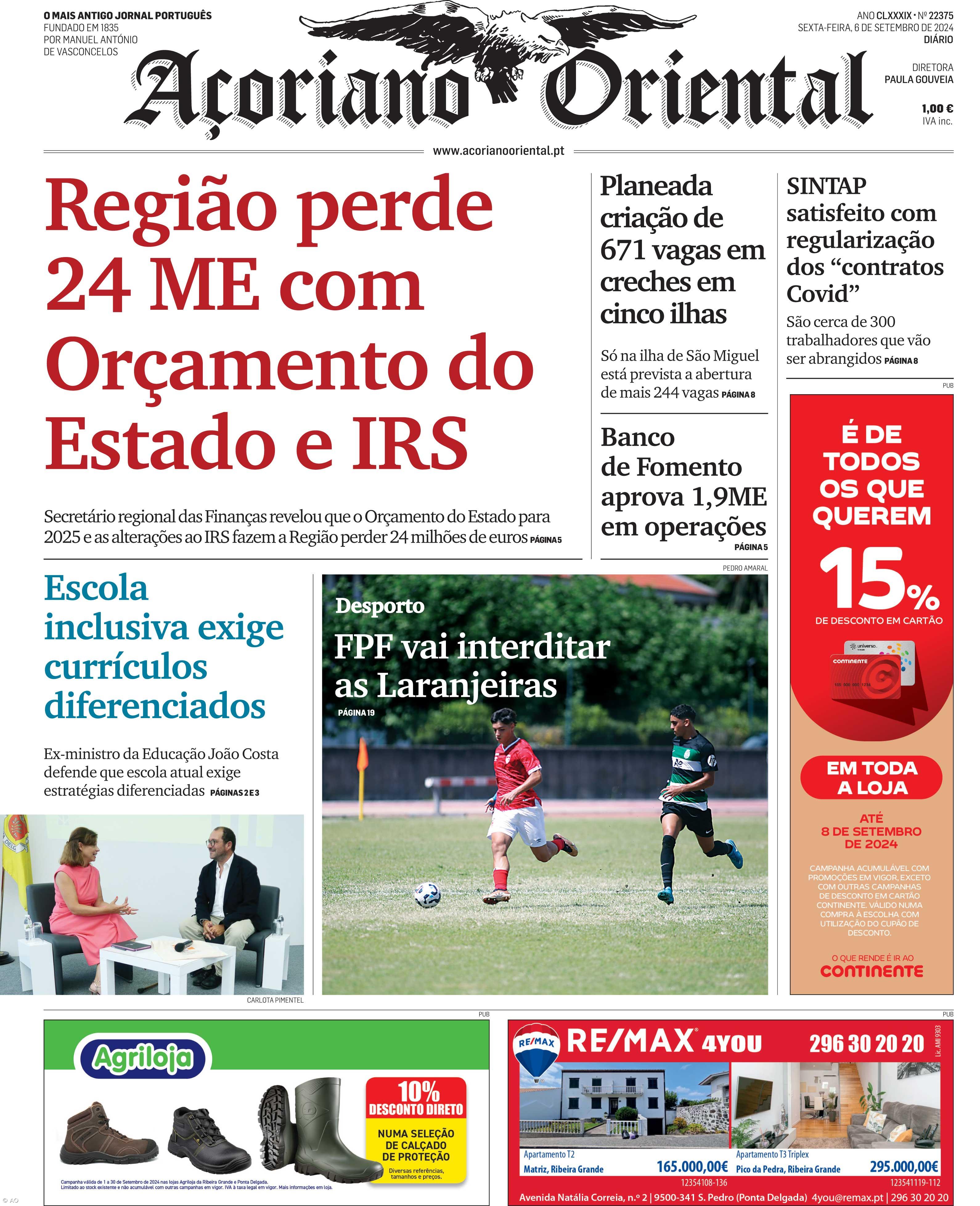 "Região perde 24 ME com Orçamento do Estado e IRS" é a manchete do Açoriano Oriental – Imagem 1