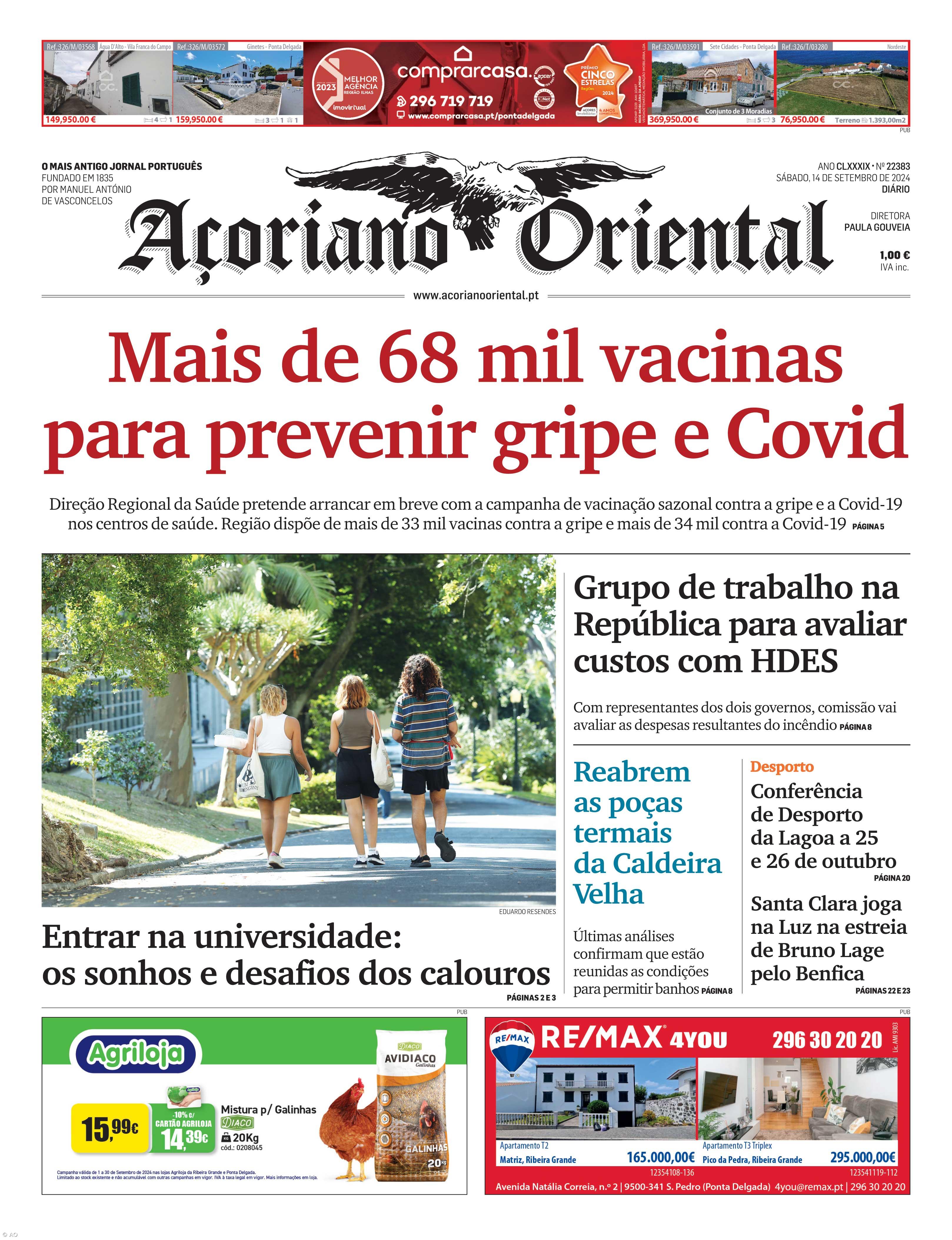 "Mais de 68 mil vacinas para prevenir gripe e Covid" é a manchete do Açoriano Oriental – Imagem 1