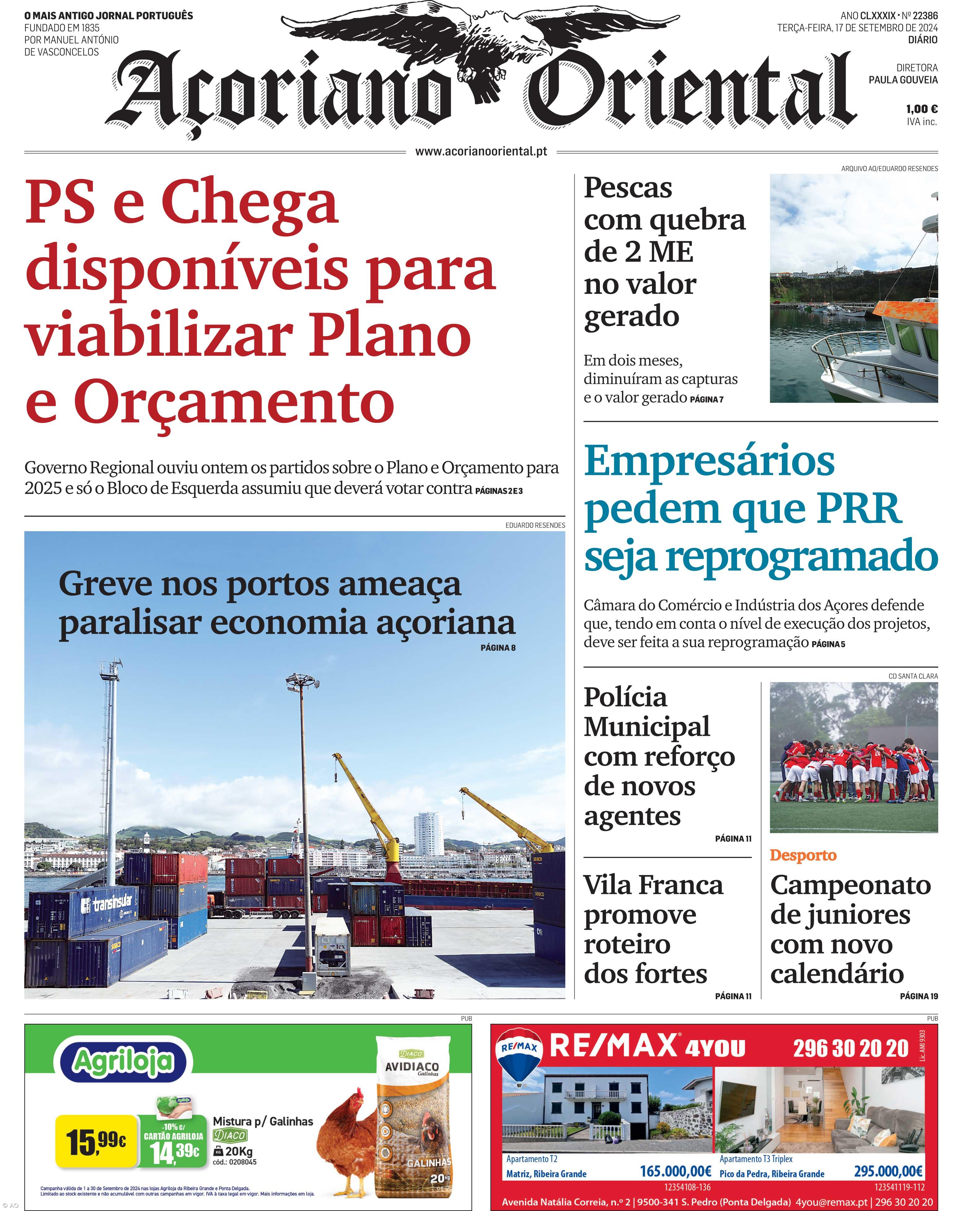 "PS e Chega disponíveis para viabilizar Plano e Orçamento" é a manchete do Açoriano Oriental – Imagem 1