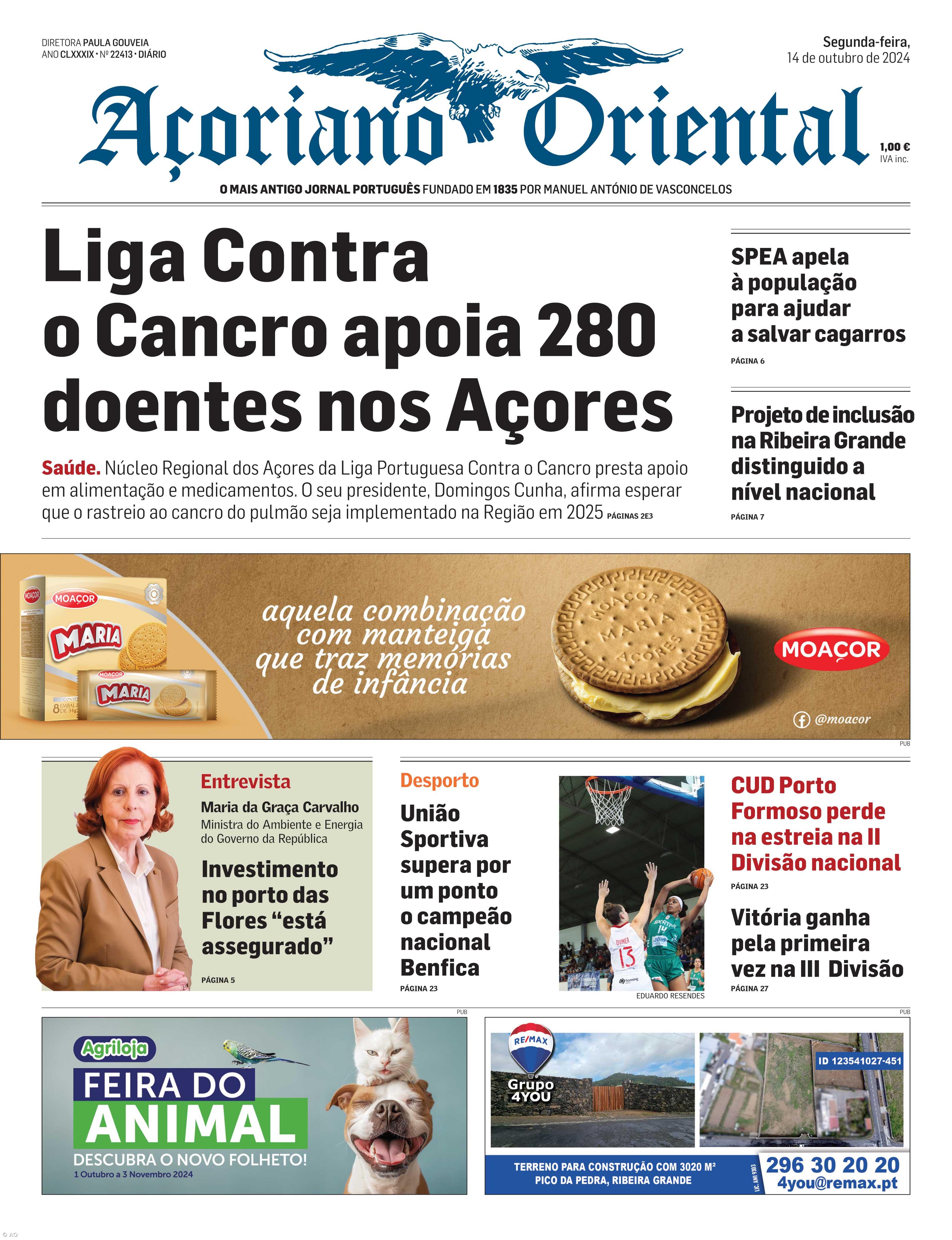 "Liga Contra o Cancro apoia 280 doentes nos Açores" é a manchete do Açoriano Oriental – Imagem 1