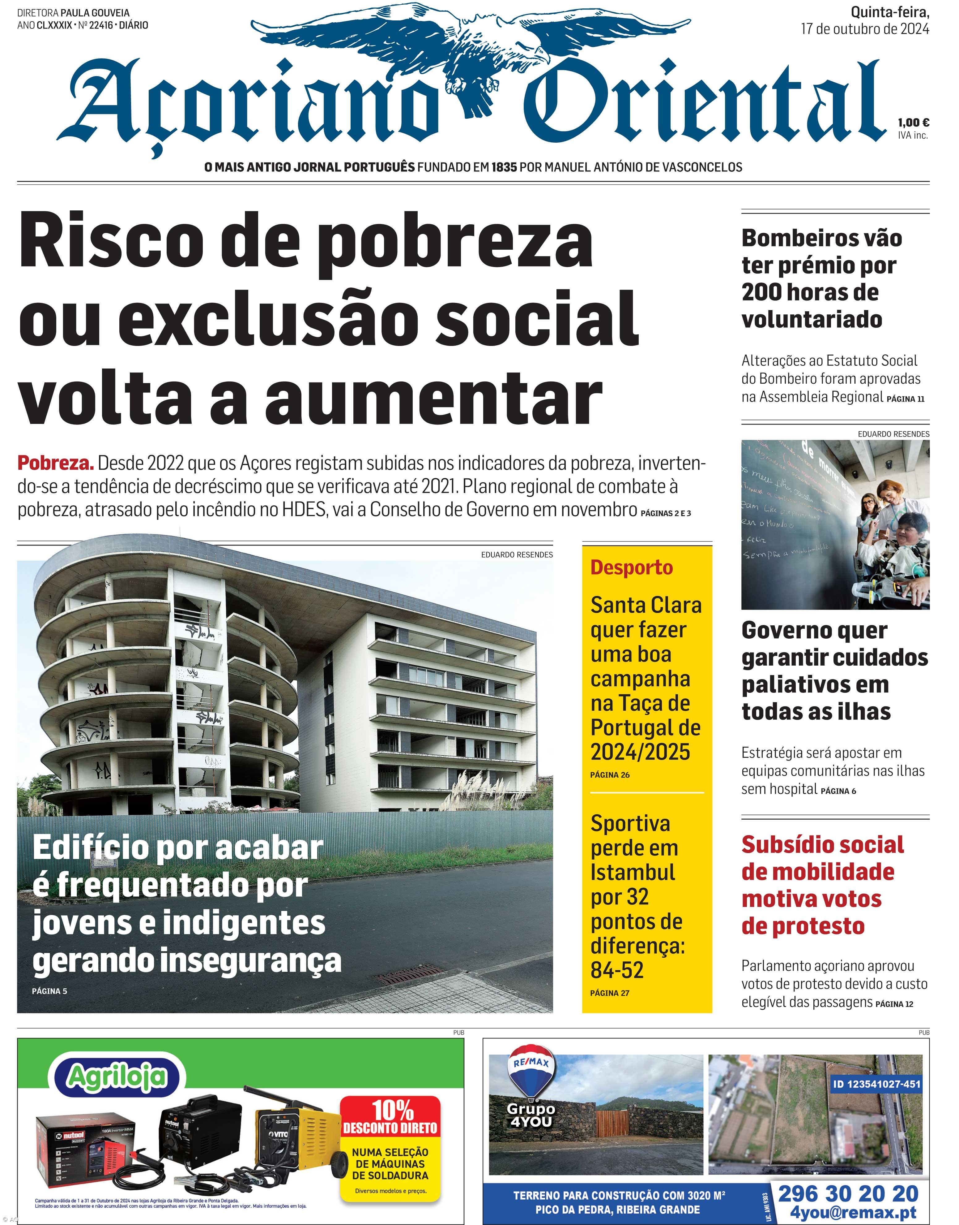 "Risco de pobreza ou exclusão social volta a aumentar" é a manchete do Açoriano Oriental – Imagem 1
