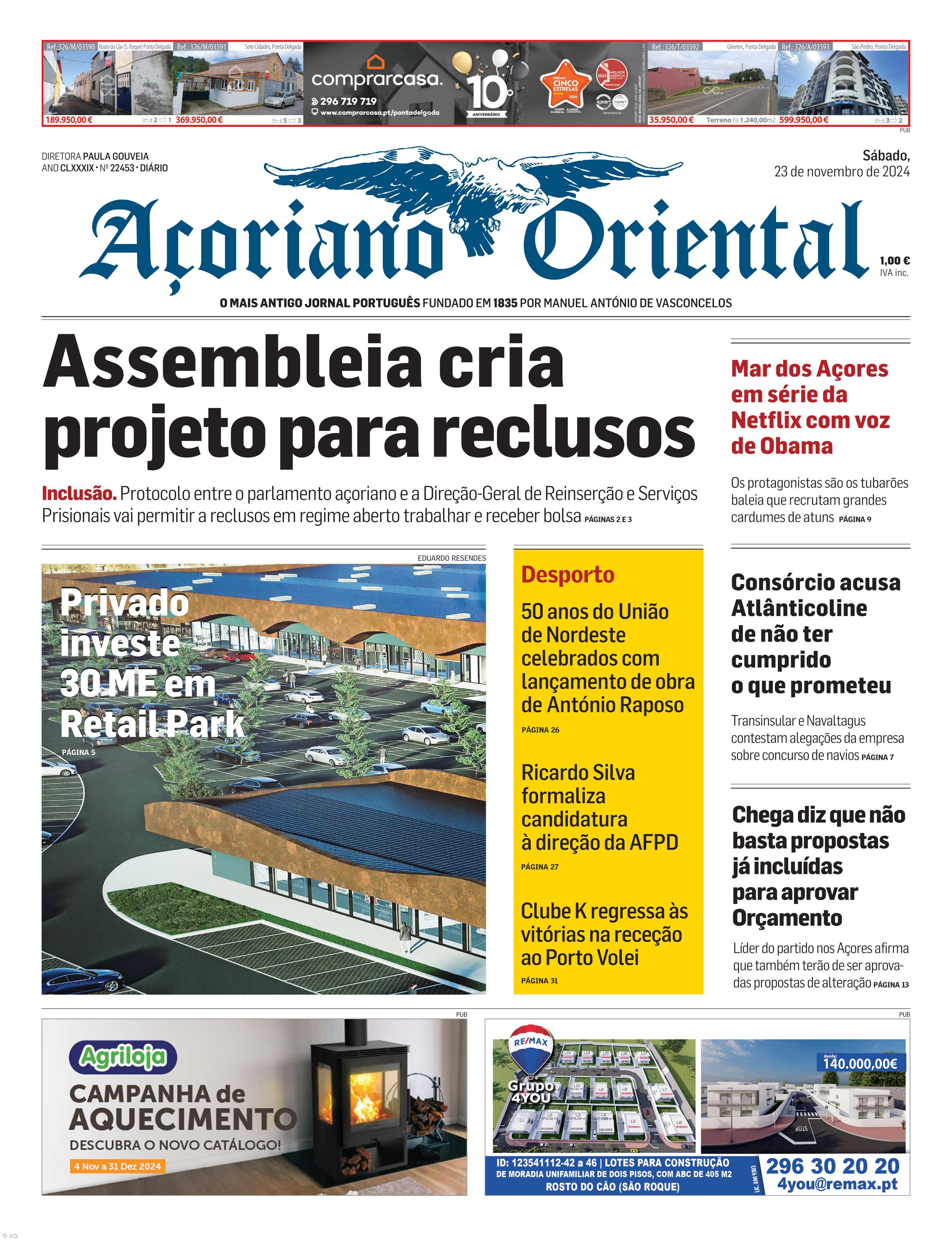 "Assembleia cria projeto para reclusos" é a manchete do Açoriano Oriental – Imagem 1