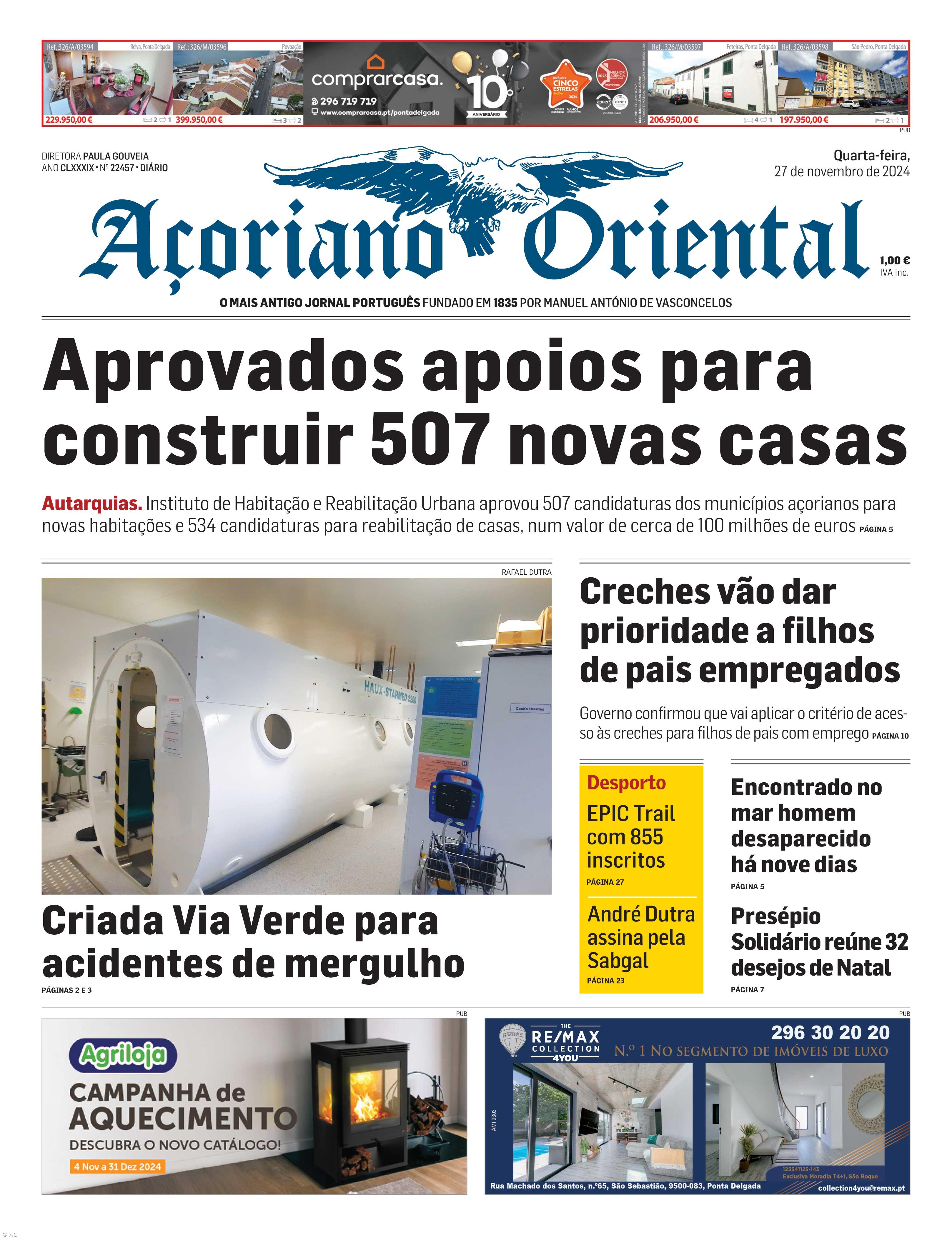 "Aprovados apoios para construir 507 novas casas" é a manchete do Açoriano Oriental – Imagem 1