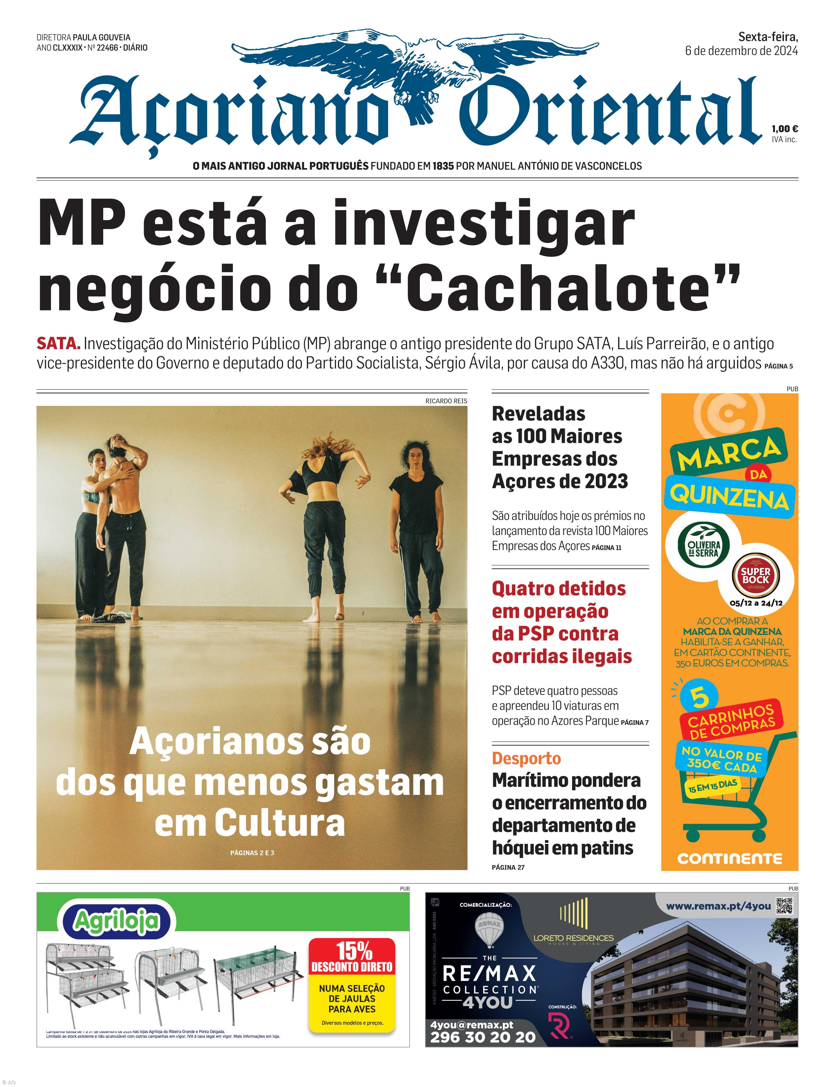 "MP está a investigar negócio do 'Cachalote'" é a manchete do Açoriano Oriental – Imagem 1