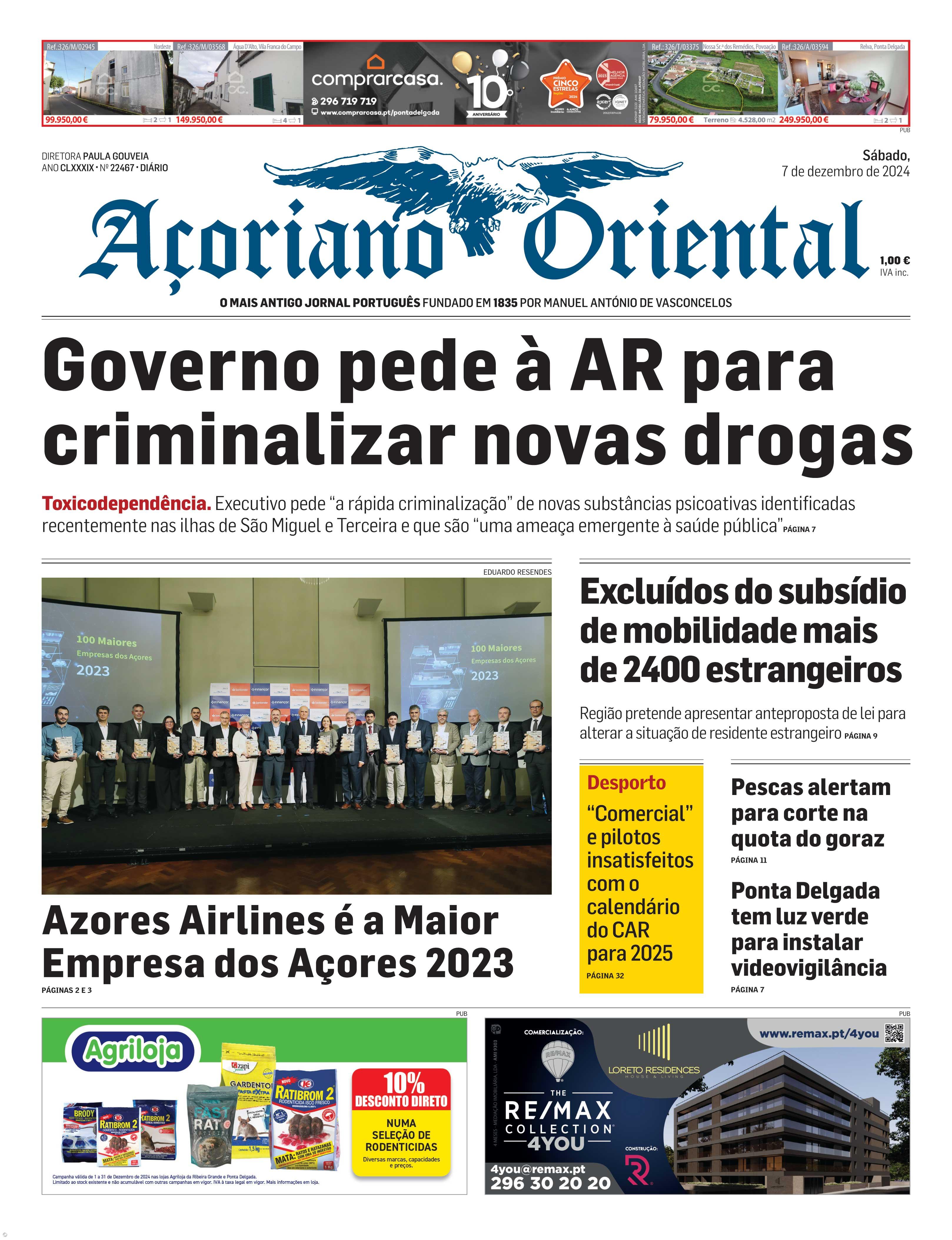 "Governo pede à AR para criminalizar novas drogas" é a manchete do Açoriano Oriental – Imagem 1