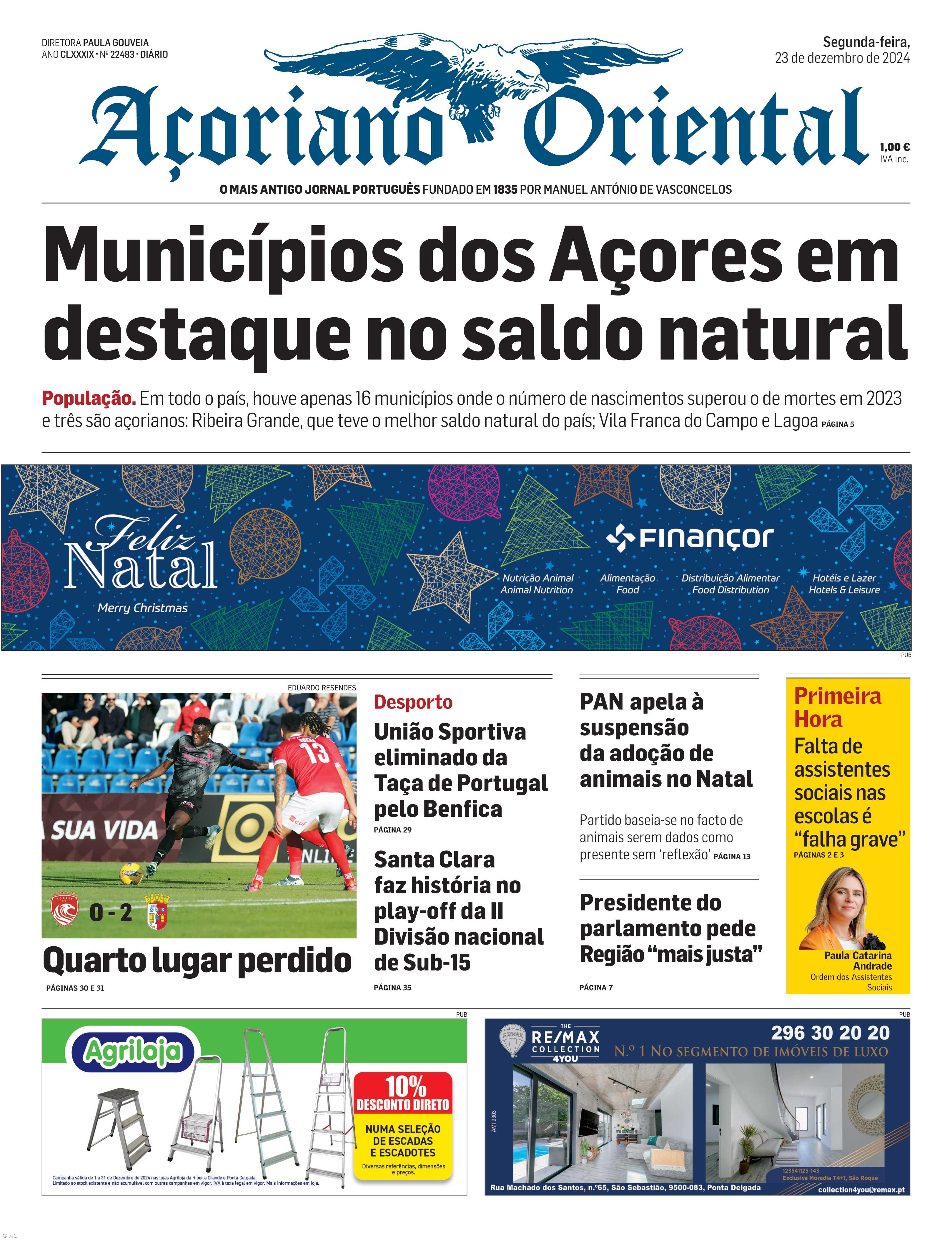 "Municípios dos Açores em destaque no saldo natural" é a manchete do Açoriano Oriental – Imagem 1