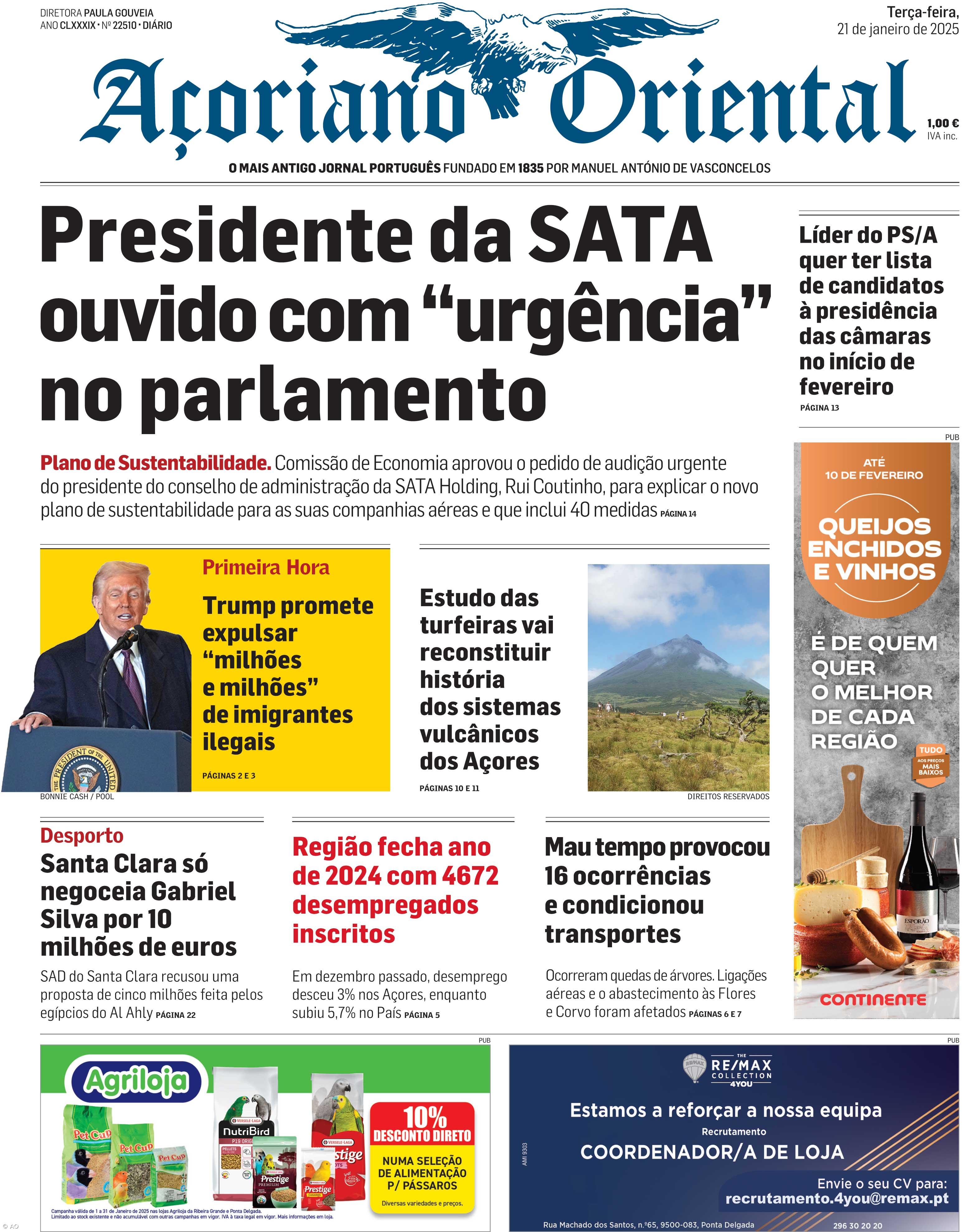 "Presidente da SATA ouvido com 'urgência' no parlamento" é a manchete do Açoriano Oriental – Imagem 1