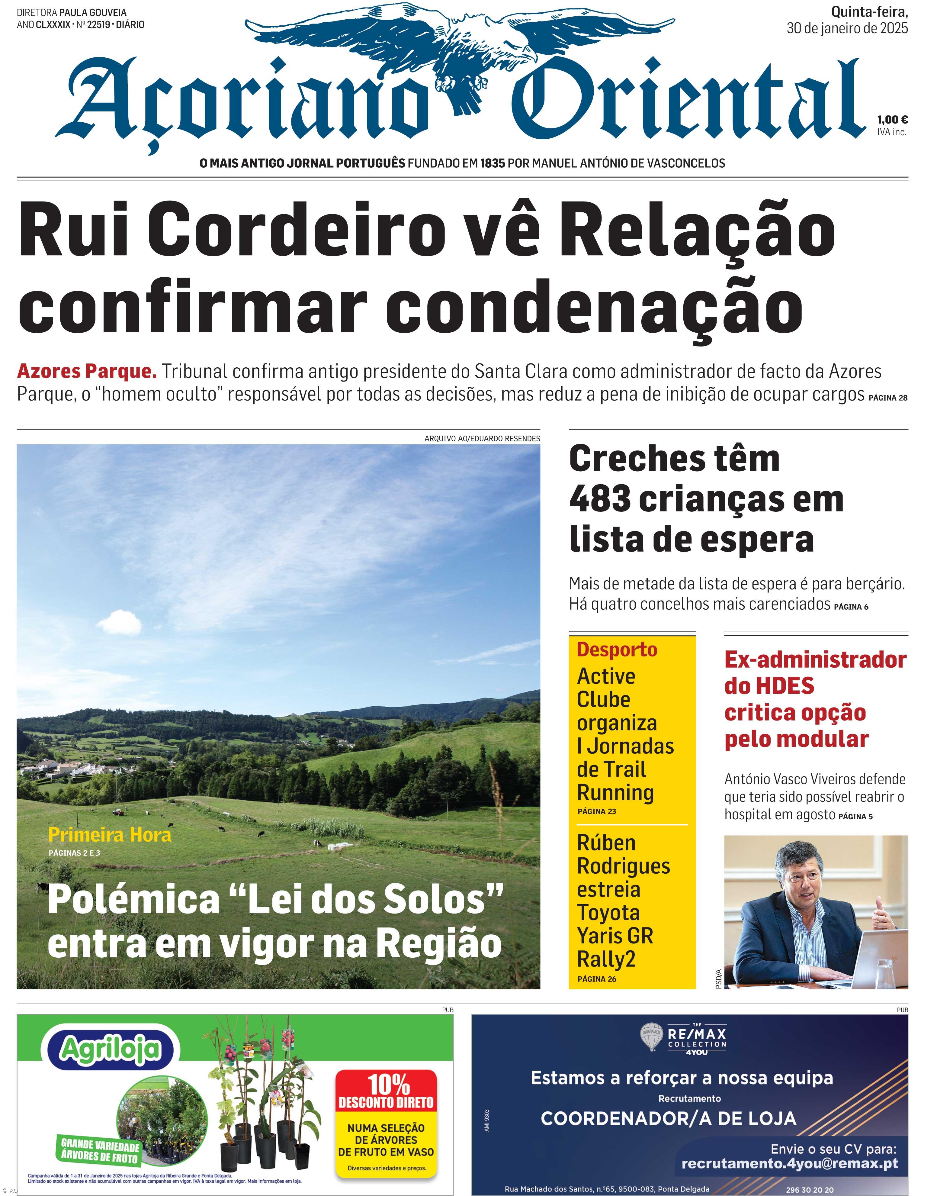 "Rui Cordeiro vê Relação confirmar condenação" é a manchete do Açoriano Oriental – Imagem 1