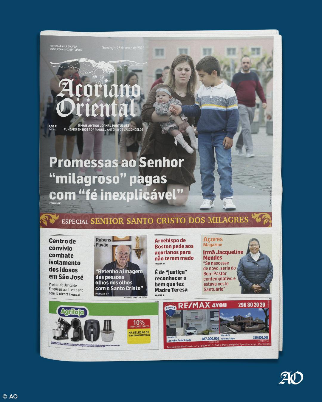 "Promessas ao Senhor 'milagroso' pagas com 'fé inexplicável'" é a manchete do Açoriano Oriental – Imagem 1
