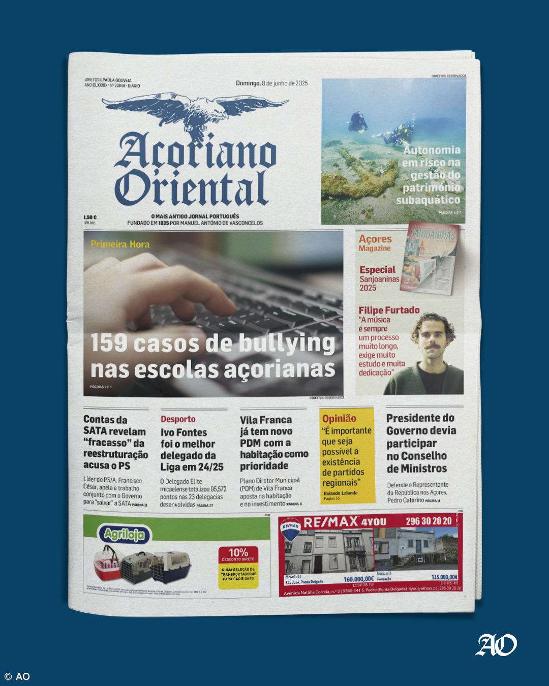 "159 casos de bullying nas escolas açorianas" é a manchete do Açoriano Oriental – Imagem 1