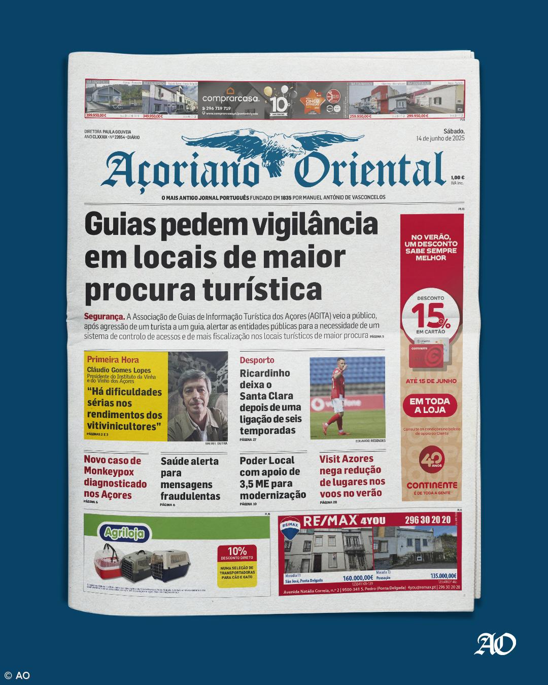 "Guias pedem vigilância em locais de maior procura turística" é a manchete do Açoriano Oriental – Imagem 1