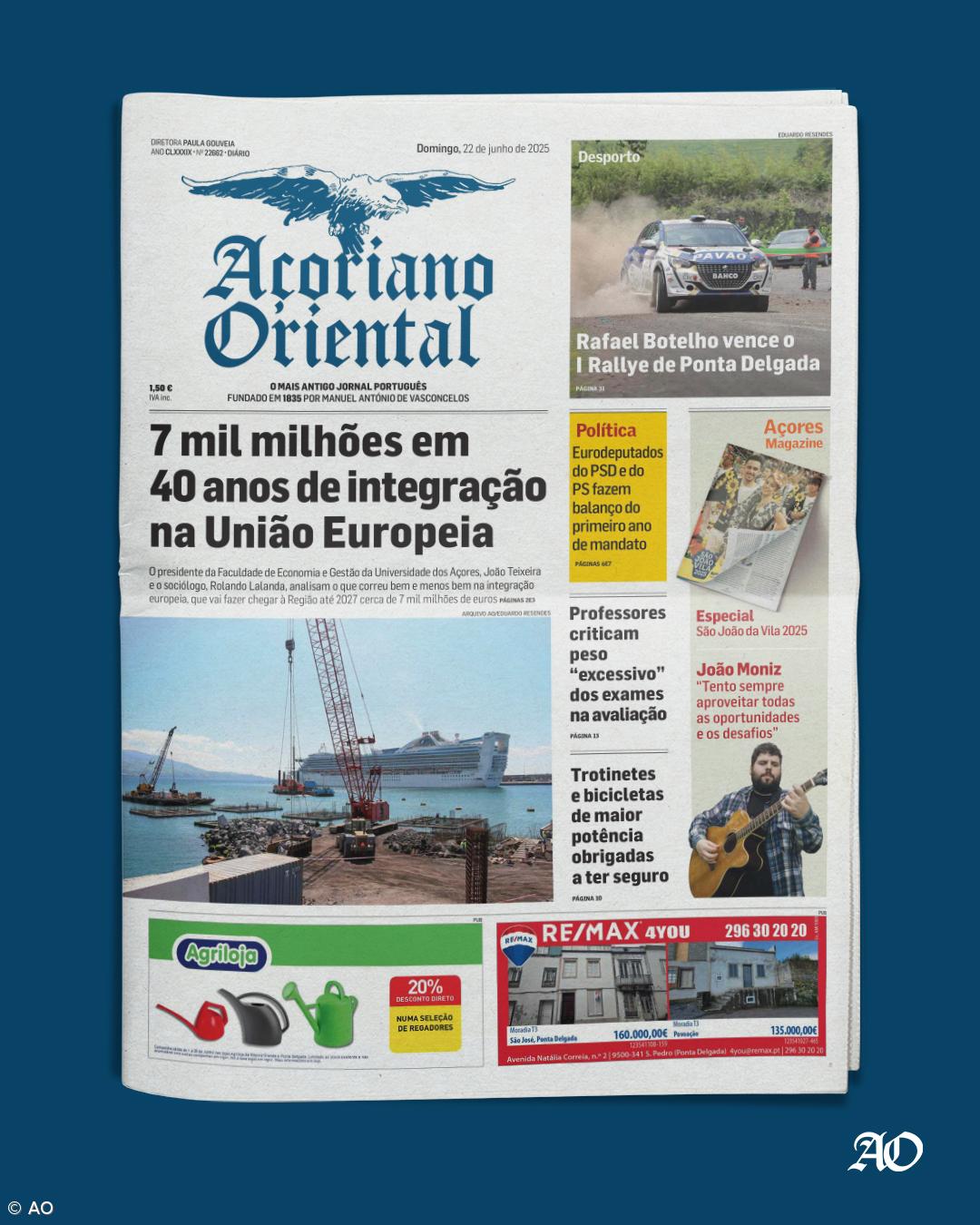 "7 mil milhões em 40 anos de integração na União Europeia" é a manchete do Açoriano Oriental – Imagem 1