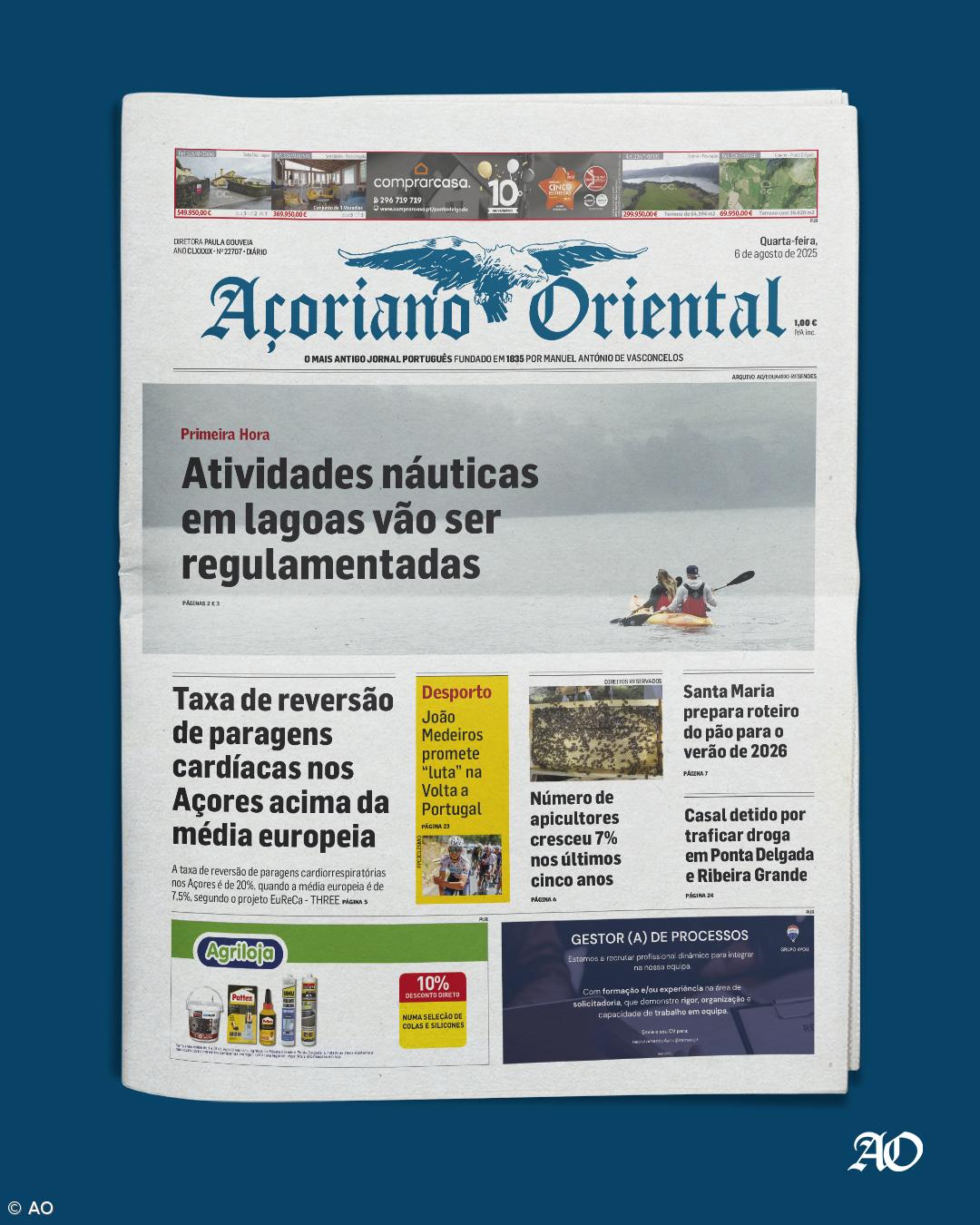 "Atividades náuticas em lagoas vão ser regulamentadas" é a manchete do Açoriano Oriental – Imagem 1