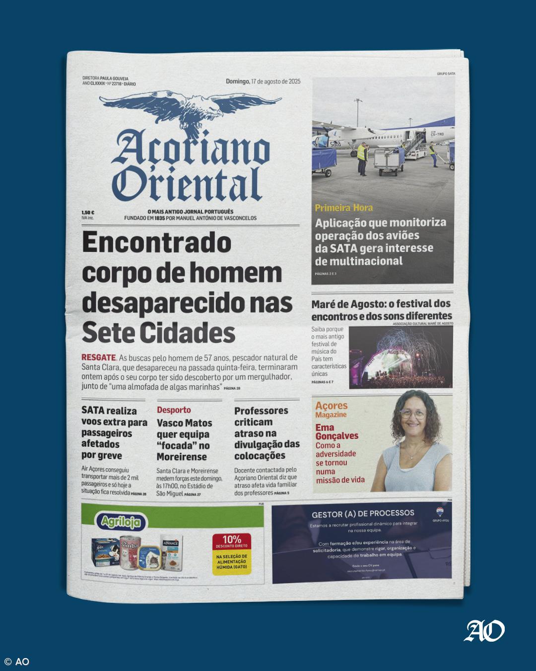 "Encontrado corpo de homem desaparecido nas Sete Cidades" é a manchete do Açoriano Oriental – Imagem 1