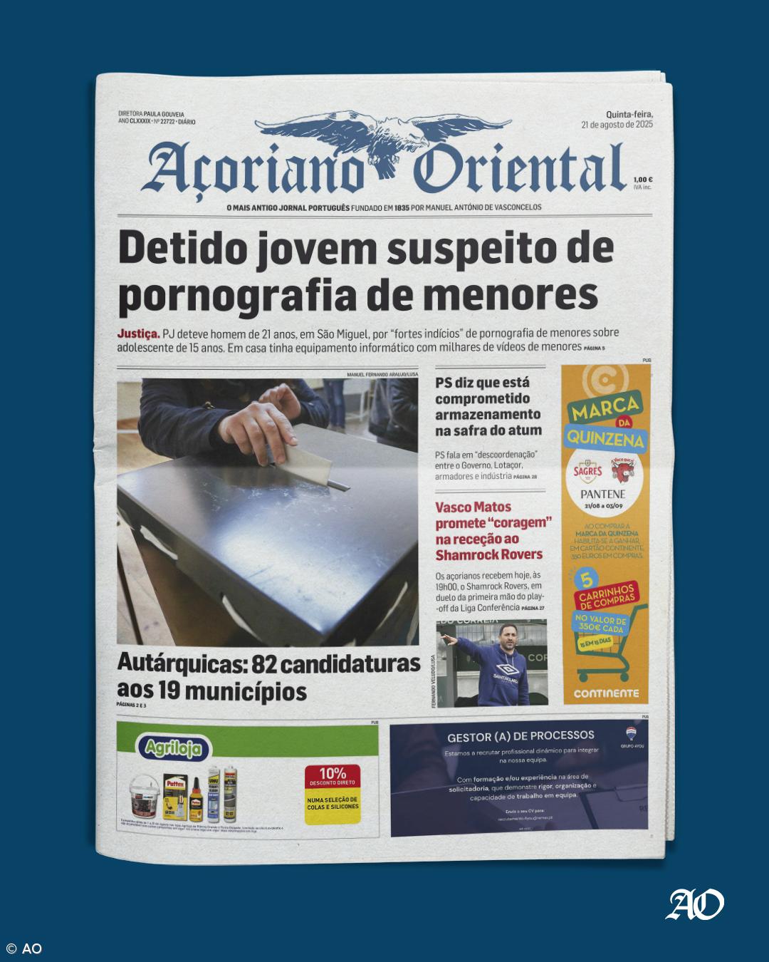 "Detido jovem suspeito de pornografia de menores" é a manchete do Açoriano Oriental – Imagem 1