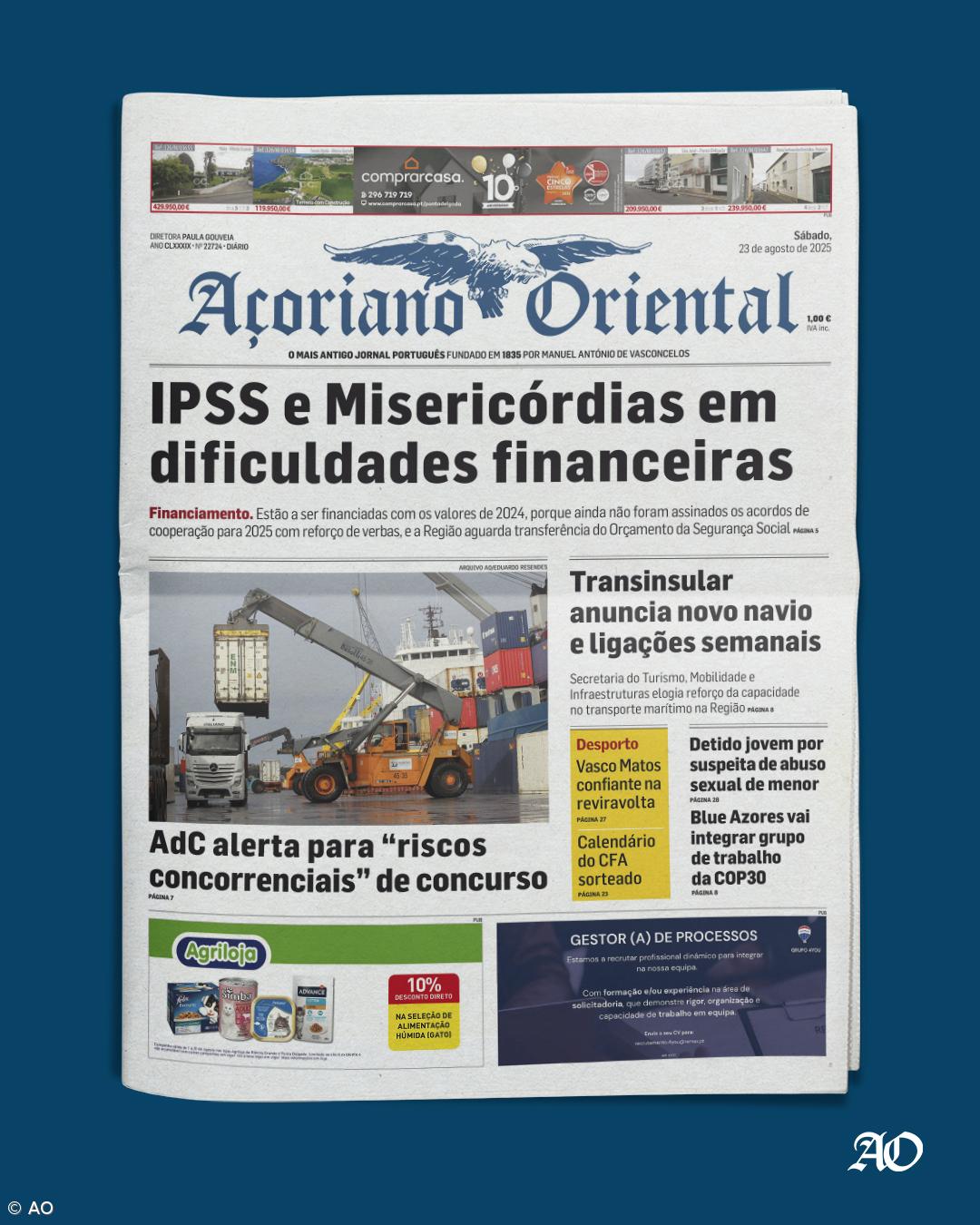 "IPSS e Misericórdias em dificuldades financeiras" é a manchete do Açoriano Oriental – Imagem 1
